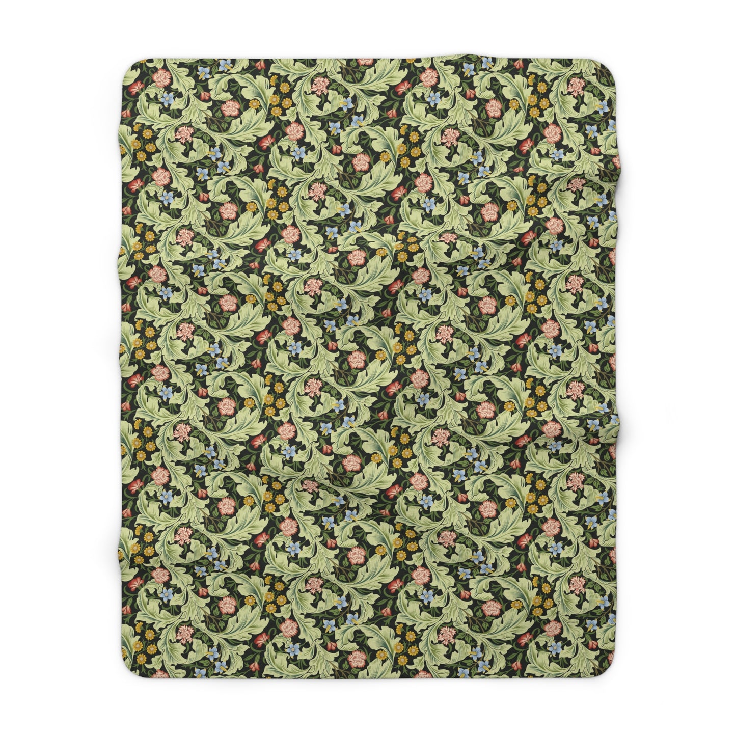 A green Sherpa fleece blanket with a floral pattern inspired by William Morris, displayed flat.