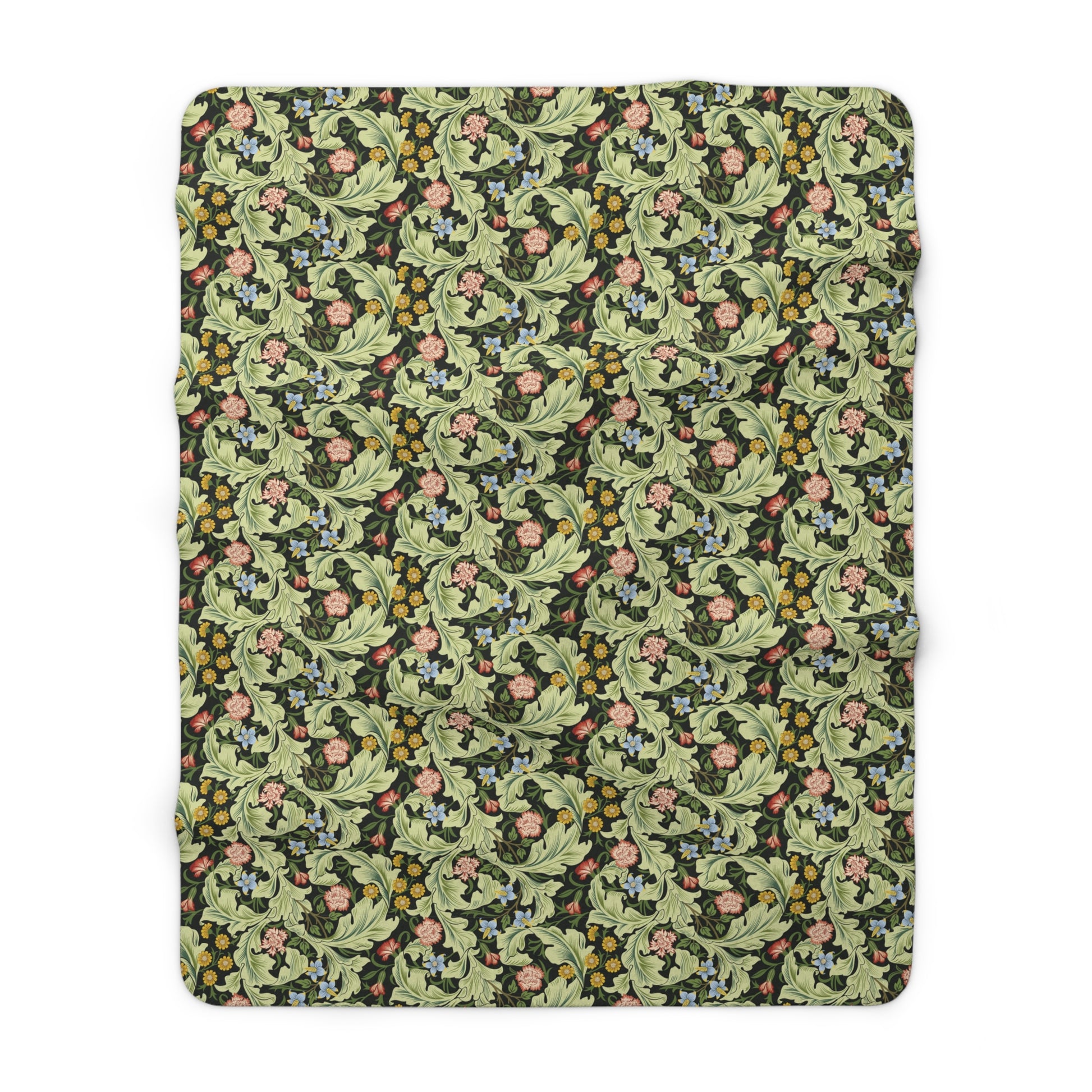 A green Sherpa fleece blanket with a floral pattern inspired by William Morris, displayed flat.
