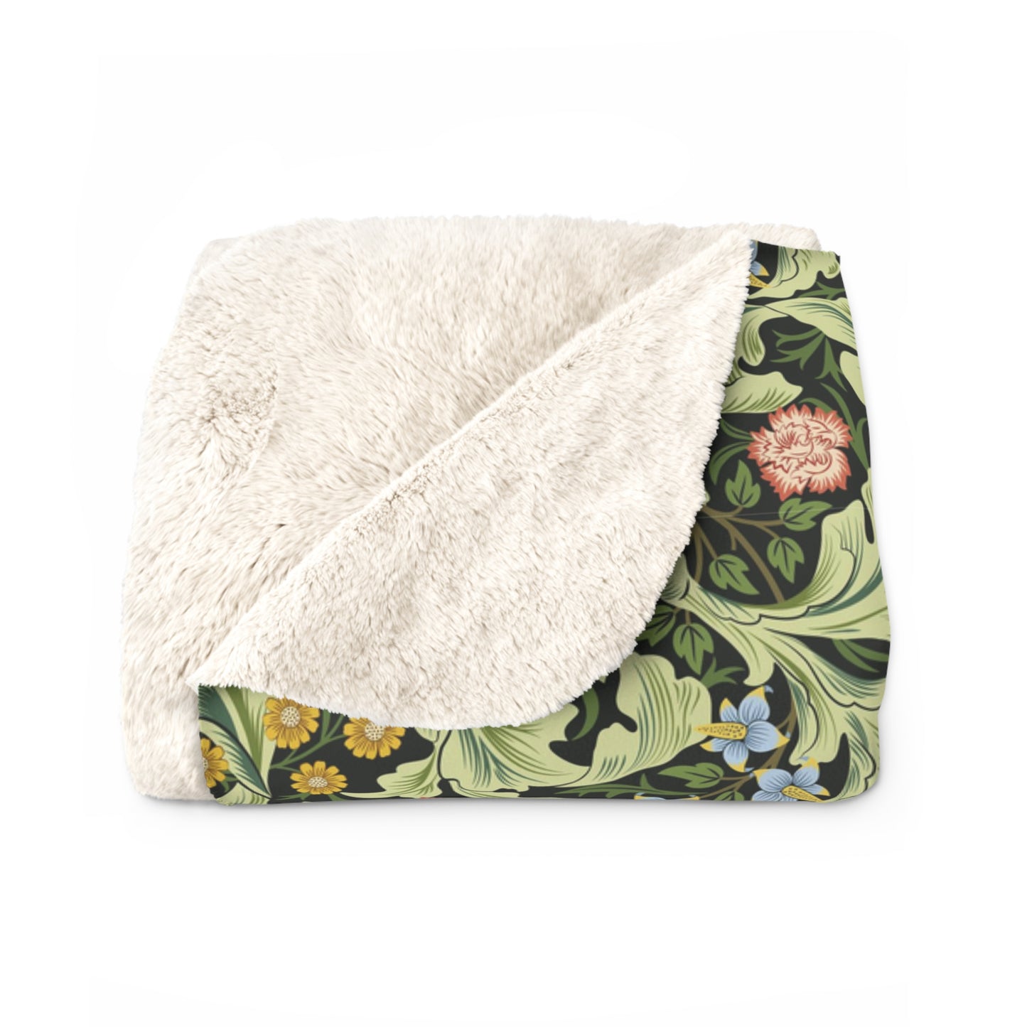 A green Sherpa fleece blanket with a floral pattern inspired by William Morris, displayed flat.
