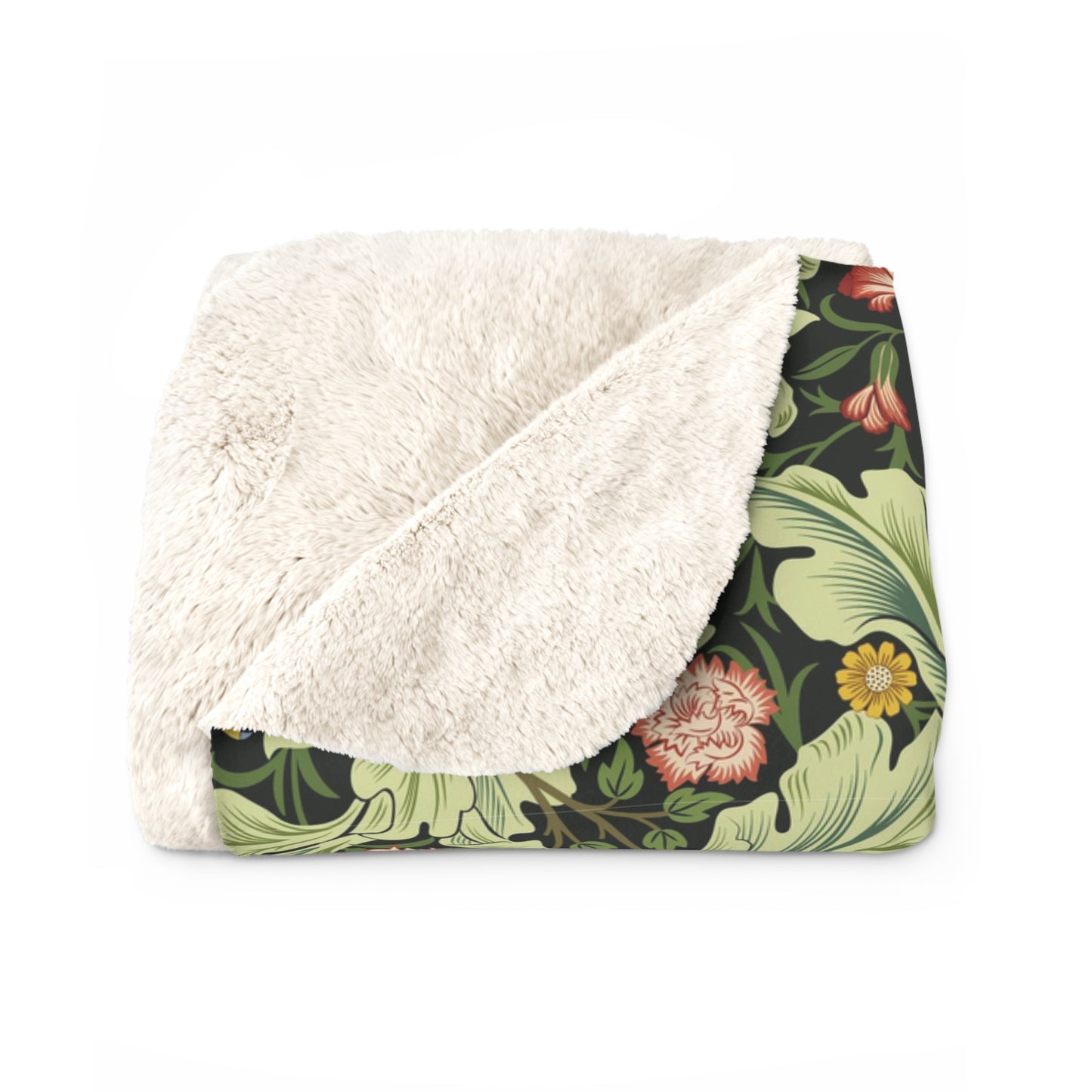 A green Sherpa fleece blanket with a floral pattern inspired by William Morris, displayed flat.