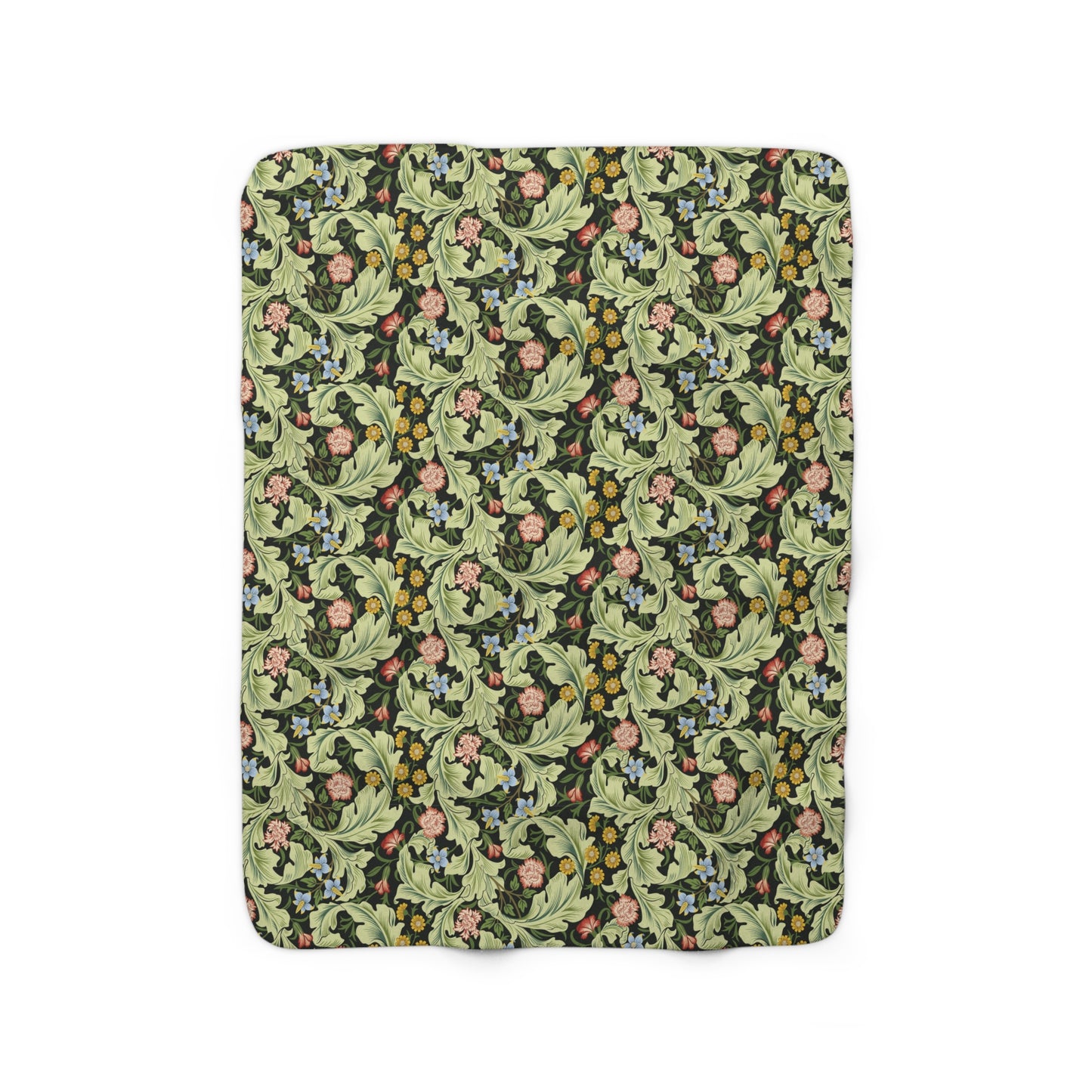 A green Sherpa fleece blanket with a floral pattern inspired by William Morris, displayed flat.