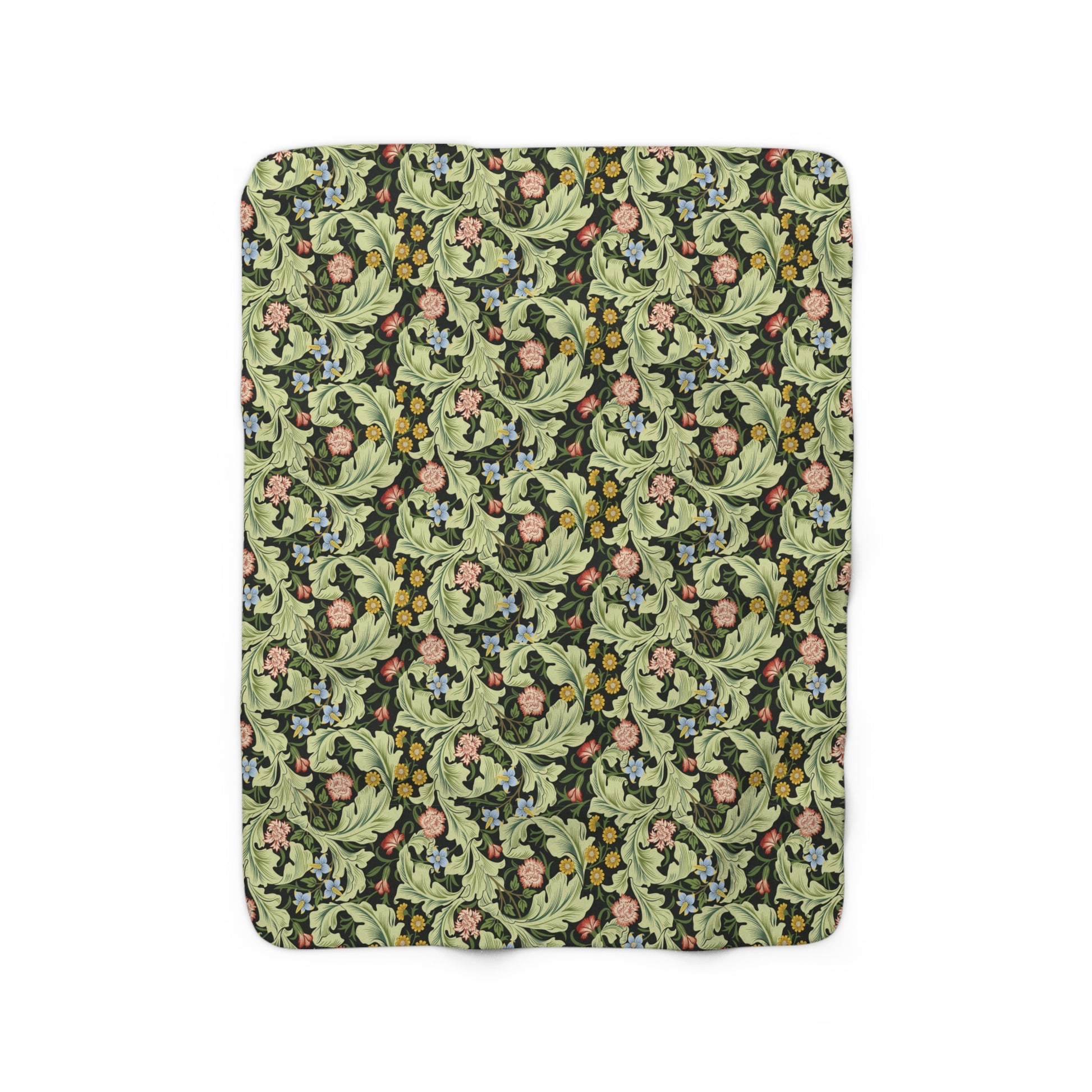 A green Sherpa fleece blanket with a floral pattern inspired by William Morris, displayed flat.