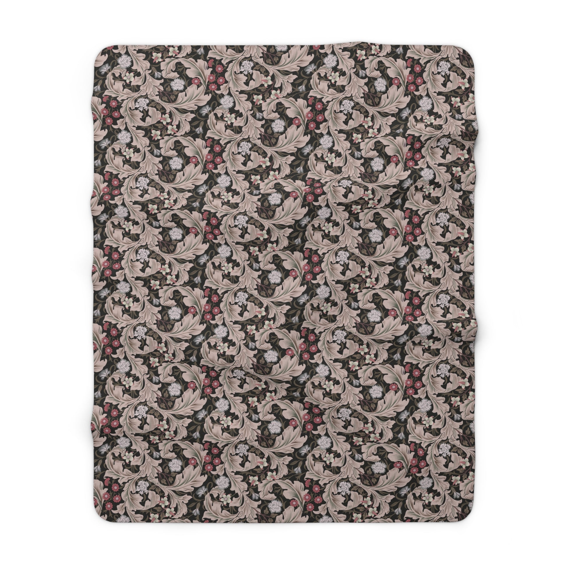 A plush fleece blanket with a floral William Morris & Co pattern in mocha colour.