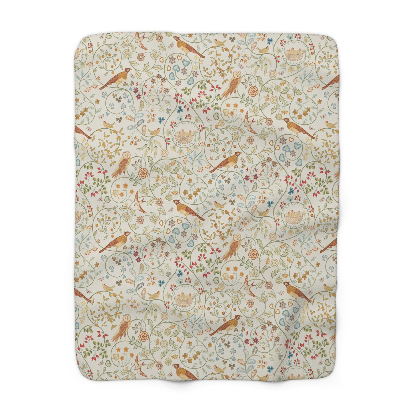 Floral and bird patterned fabric swatch on a white background