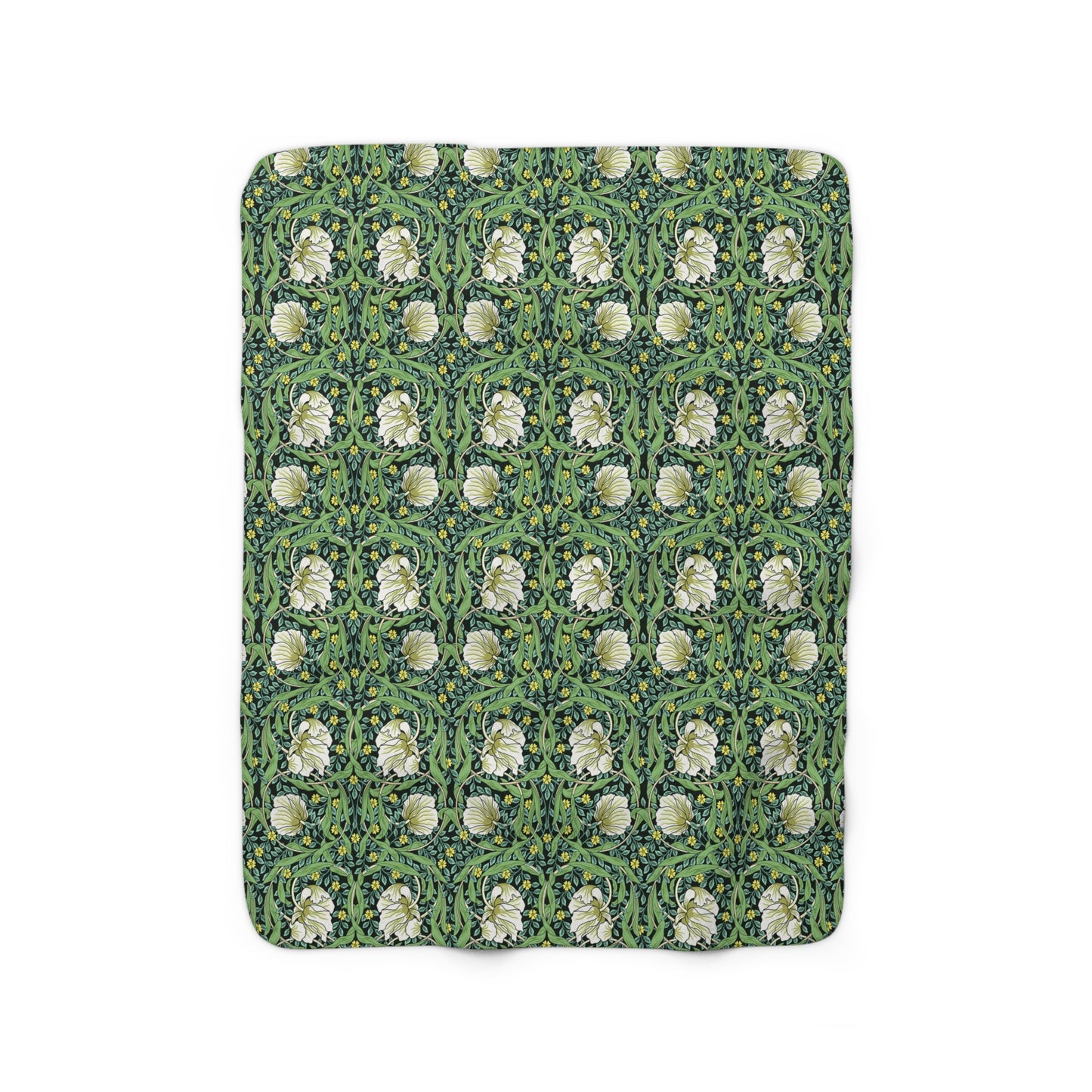 A green Sherpa fleece blanket with a floral pattern inspired by William Morris.