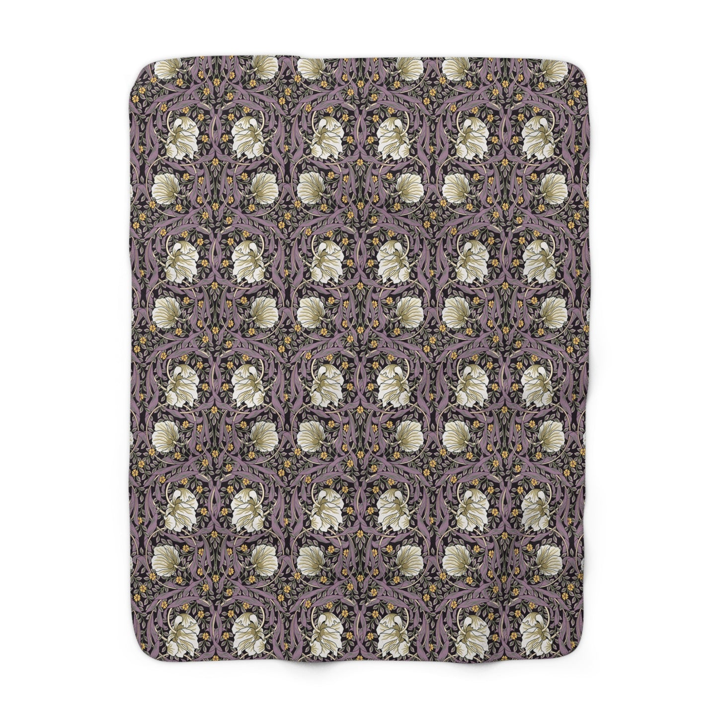 A plush fleece blanket with a floral pattern in a purple hue, inspired by William Morris, displayed on a white background.