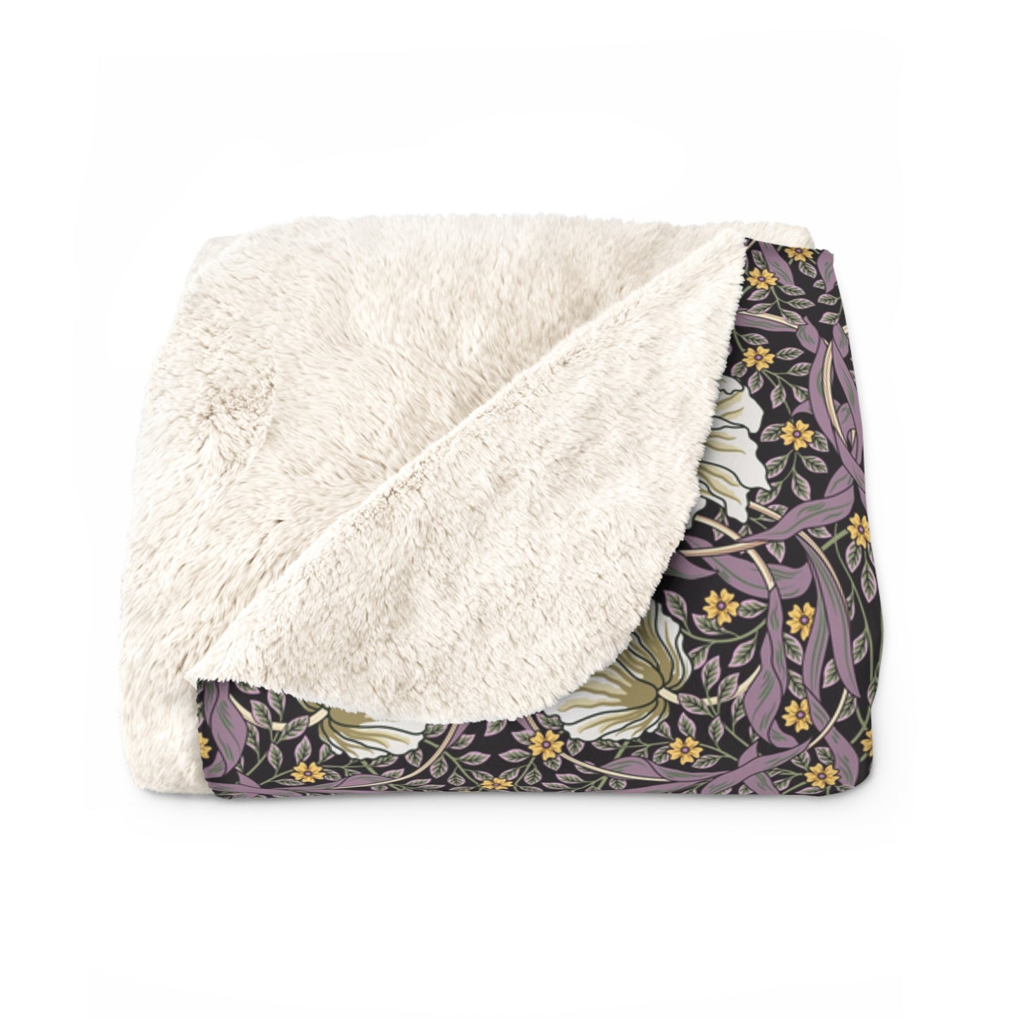 A plush fleece blanket with a floral pattern in a purple hue, inspired by William Morris, displayed on a white background.