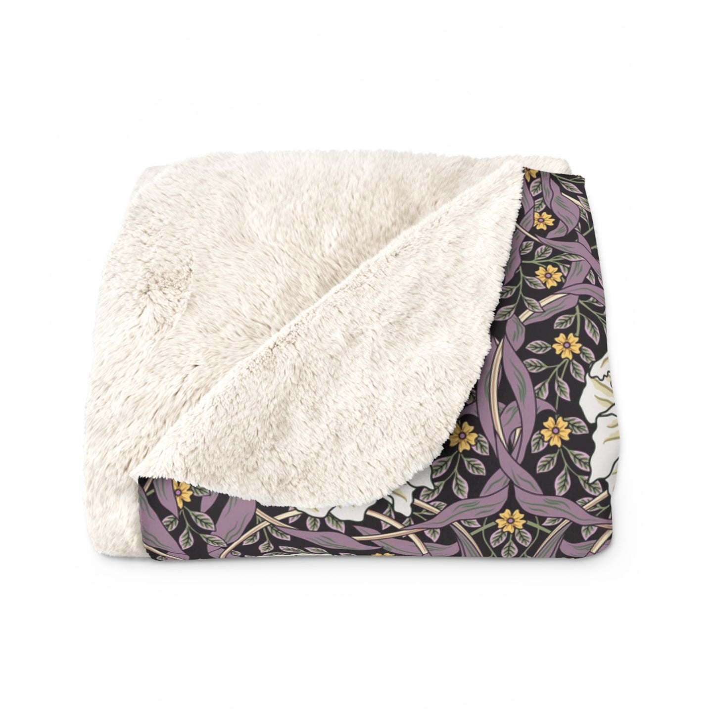 A plush fleece blanket with a floral pattern in a purple hue, inspired by William Morris, displayed on a white background.