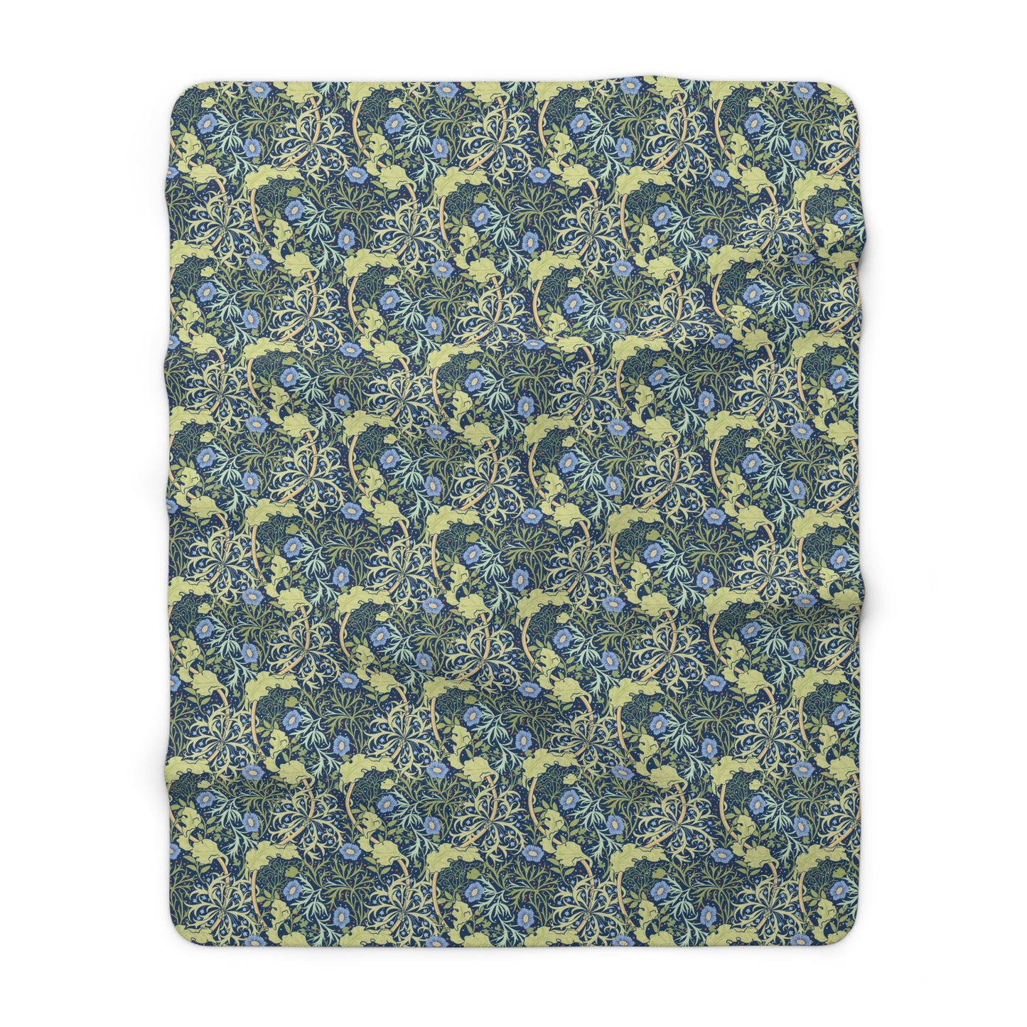 A rectangular Sherpa fleece blanket with a floral pattern in blue and yellow shades, inspired by William Morris & Co
