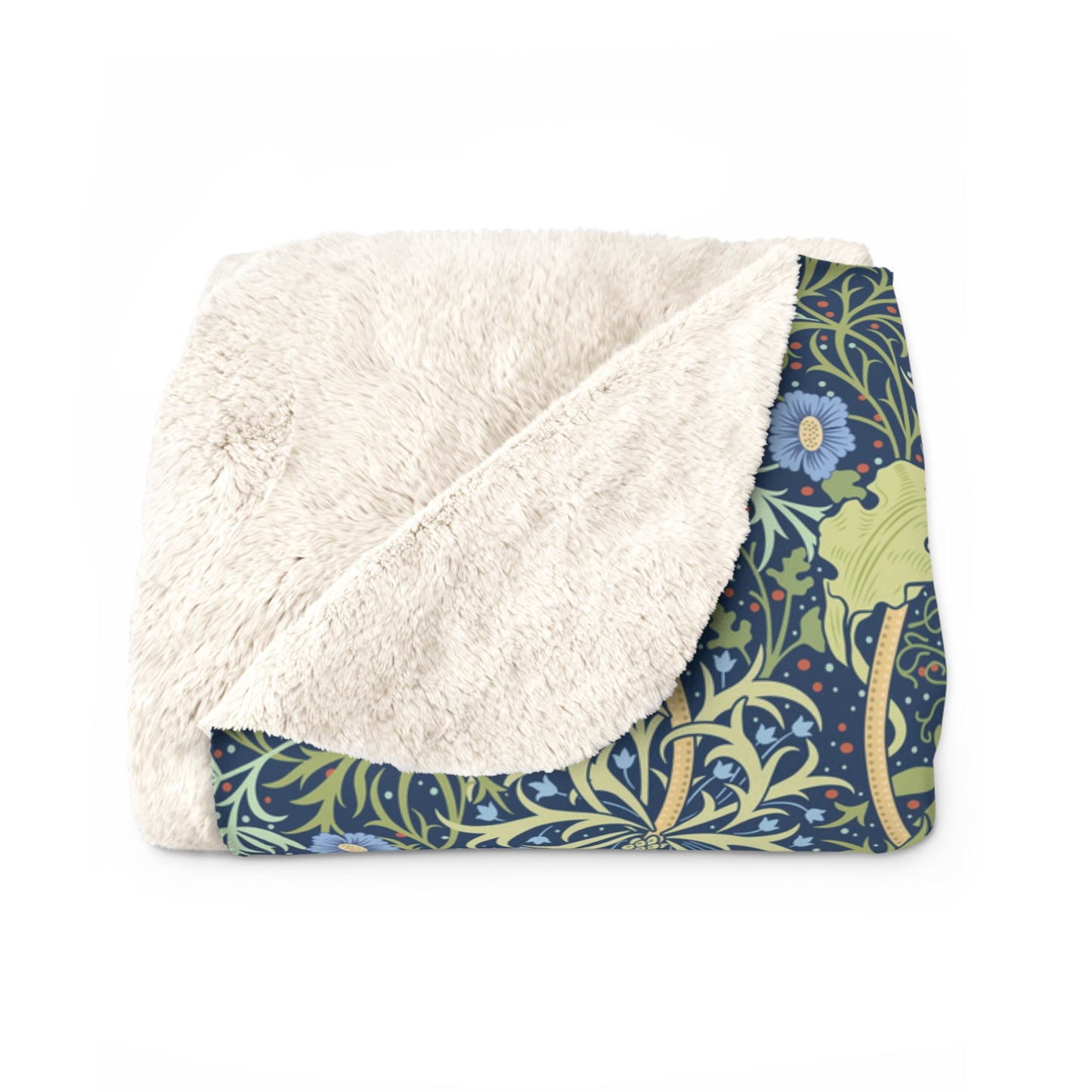 A rectangular Sherpa fleece blanket with a floral pattern in blue and yellow shades, inspired by William Morris & Co