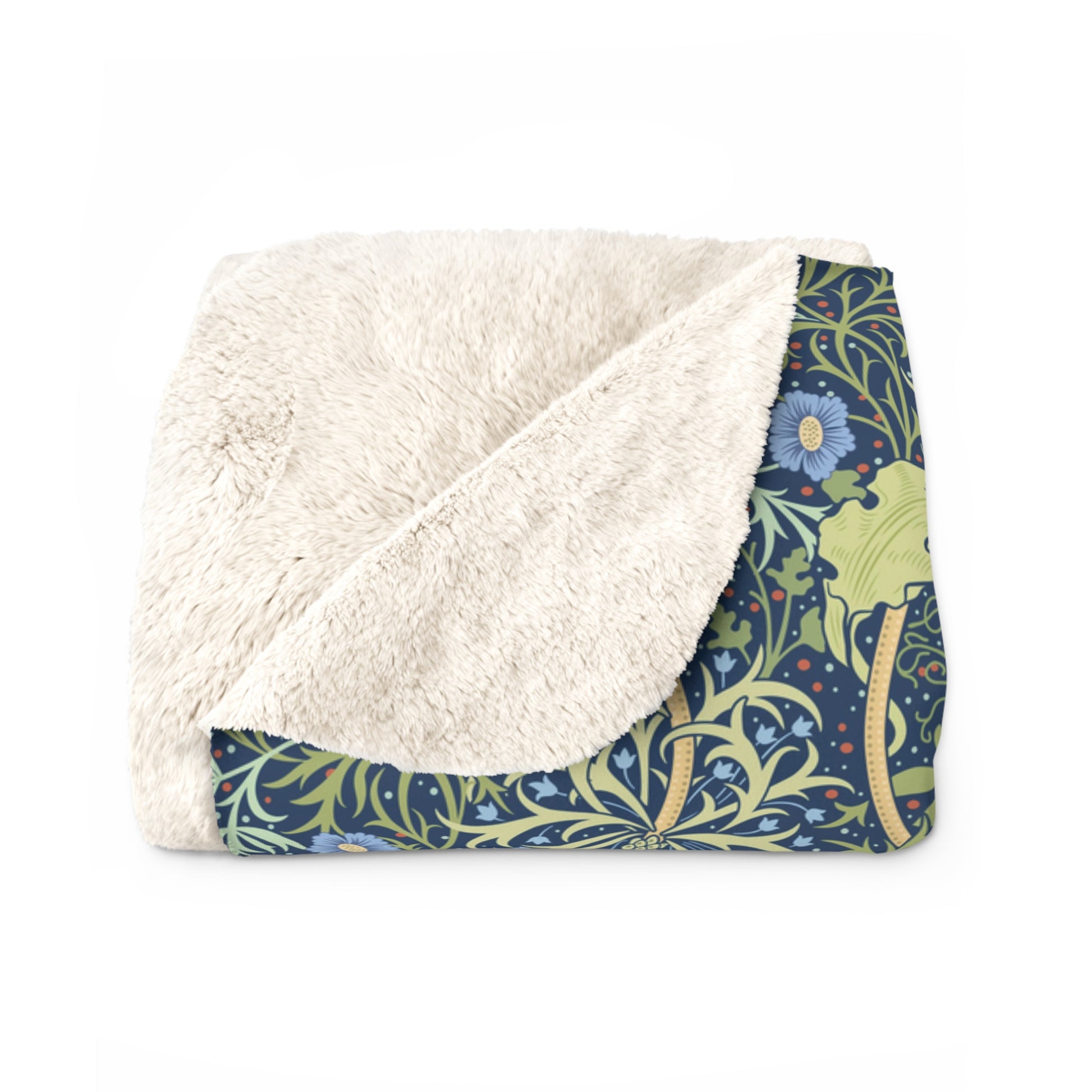 A rectangular Sherpa fleece blanket with a floral pattern in blue and yellow shades, inspired by William Morris & Co