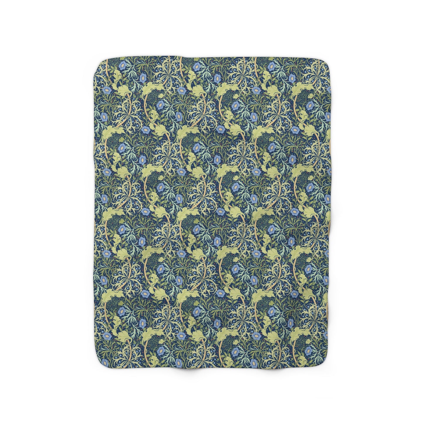 A rectangular Sherpa fleece blanket with a floral pattern in blue and yellow shades, inspired by William Morris & Co