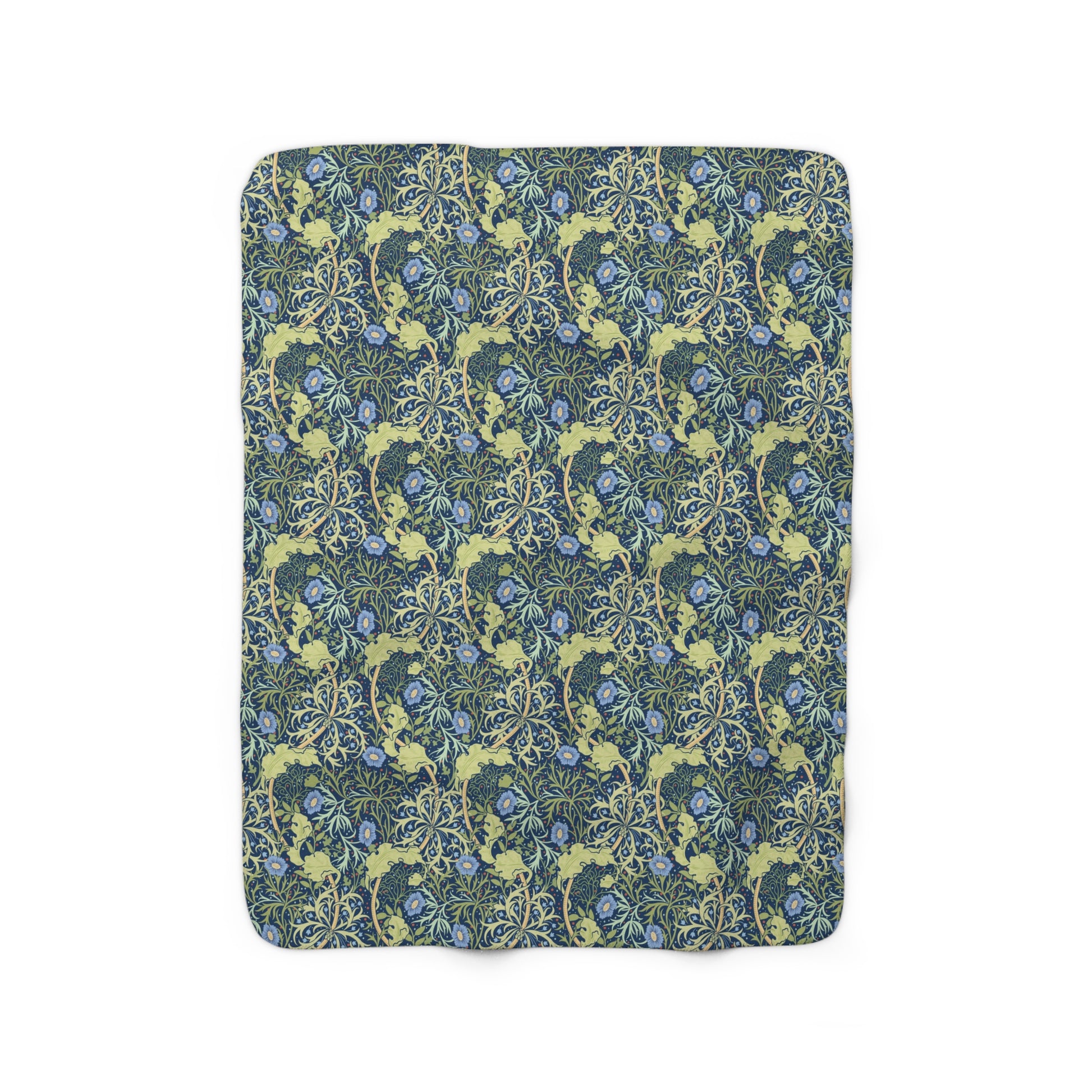 A rectangular Sherpa fleece blanket with a floral pattern in blue and yellow shades, inspired by William Morris & Co