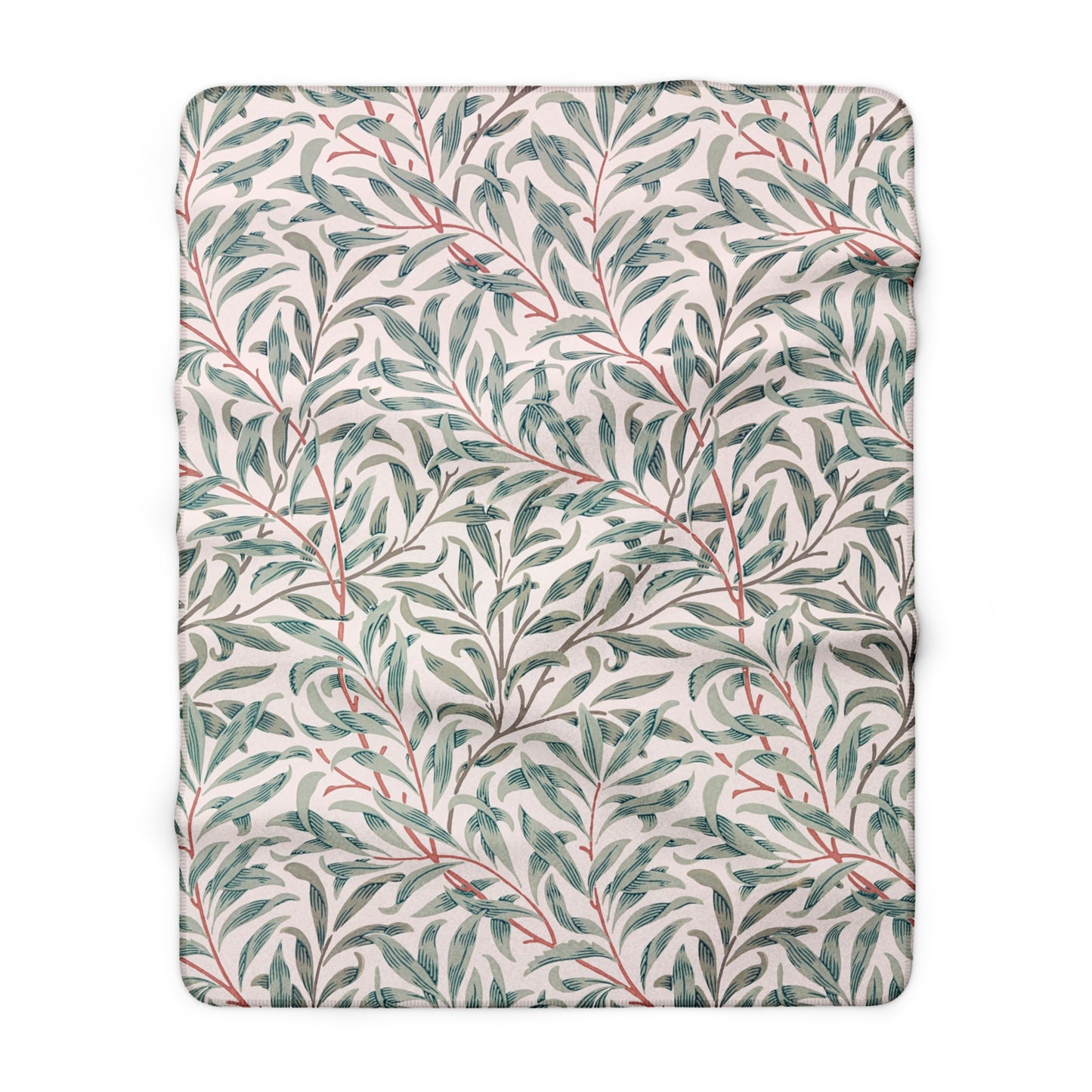 Floral patterned blanket with green leaves and red stems on a white background