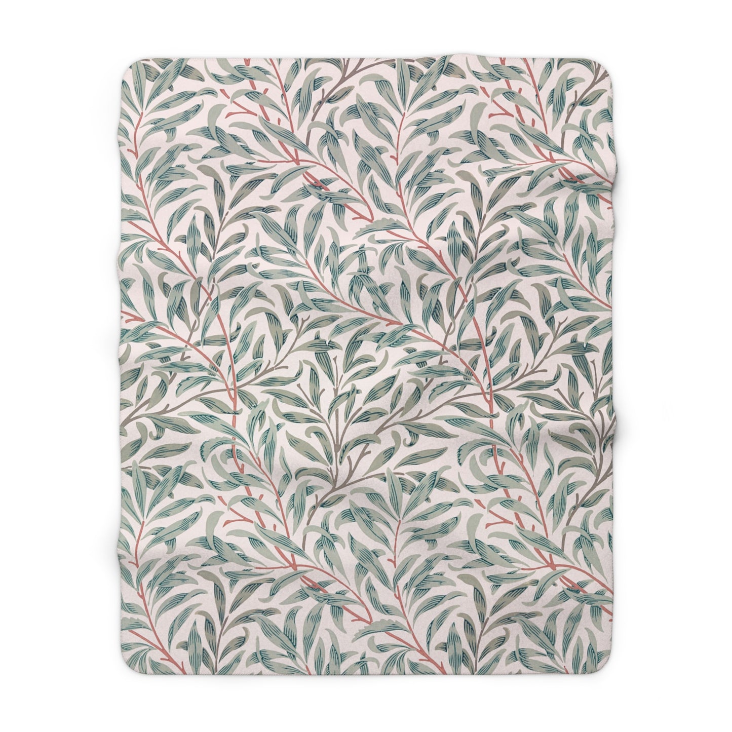 Floral patterned blanket with green leaves and red stems on a white background