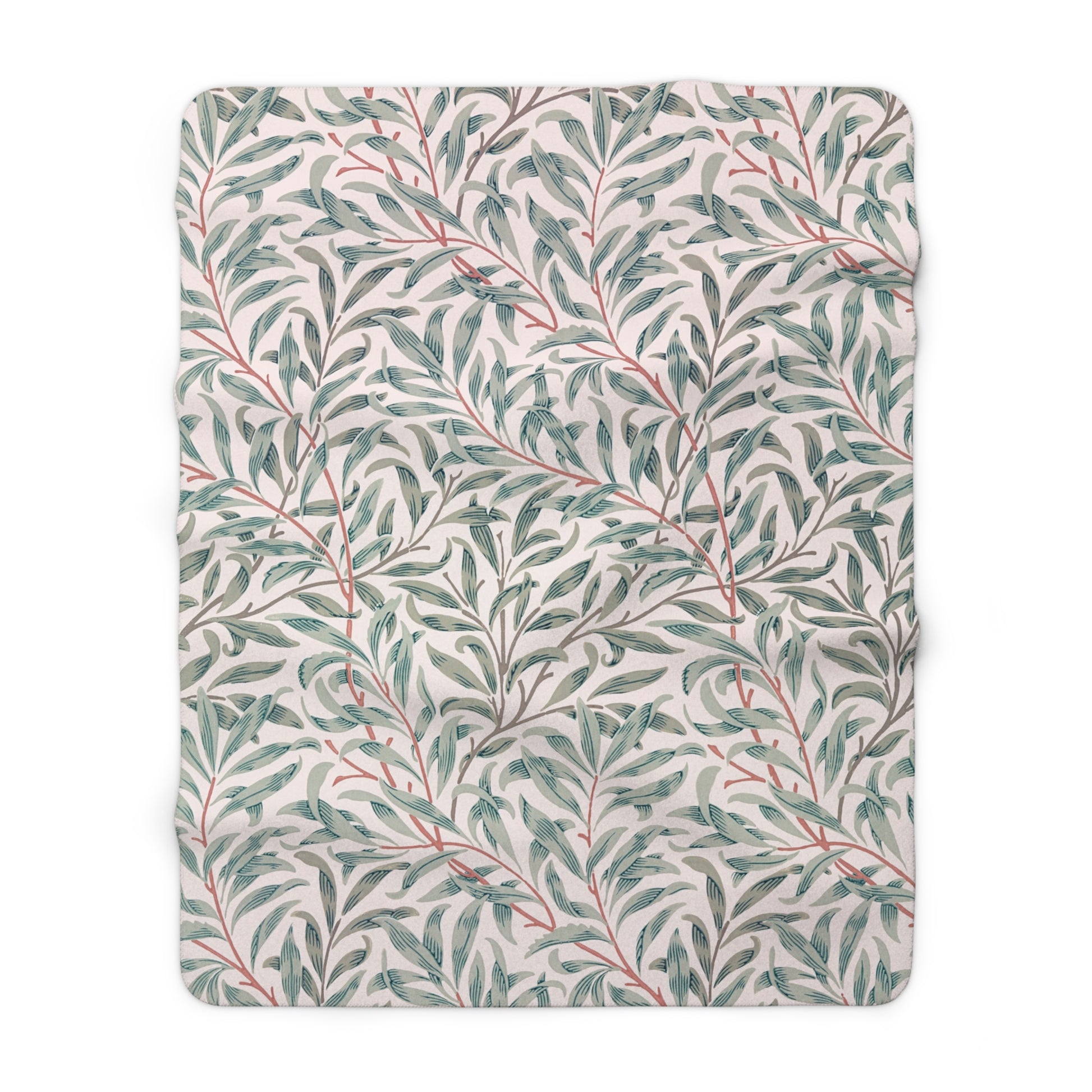 Floral patterned blanket with green leaves and red stems on a white background