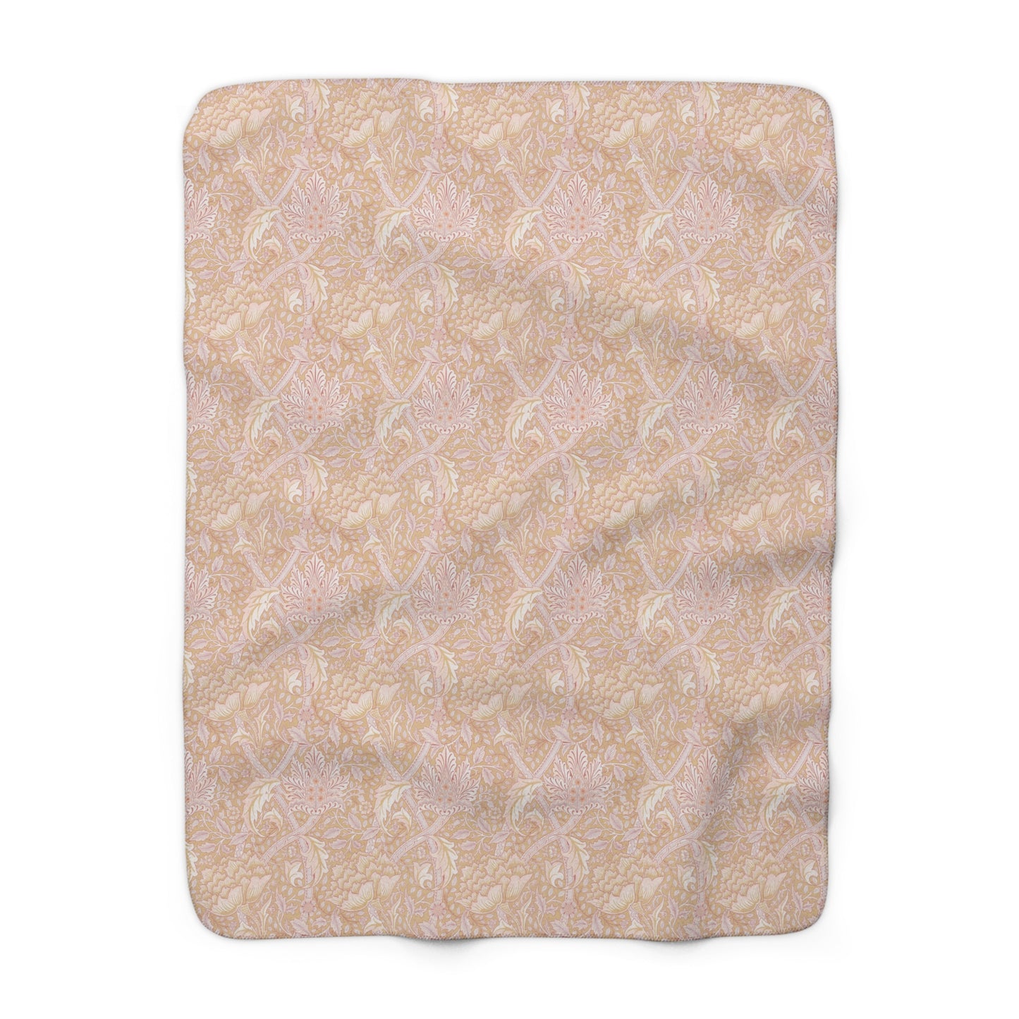 A beige and brown patterned Sherpa fleece blanket inspired by William Morris, from the Windrush Collection.