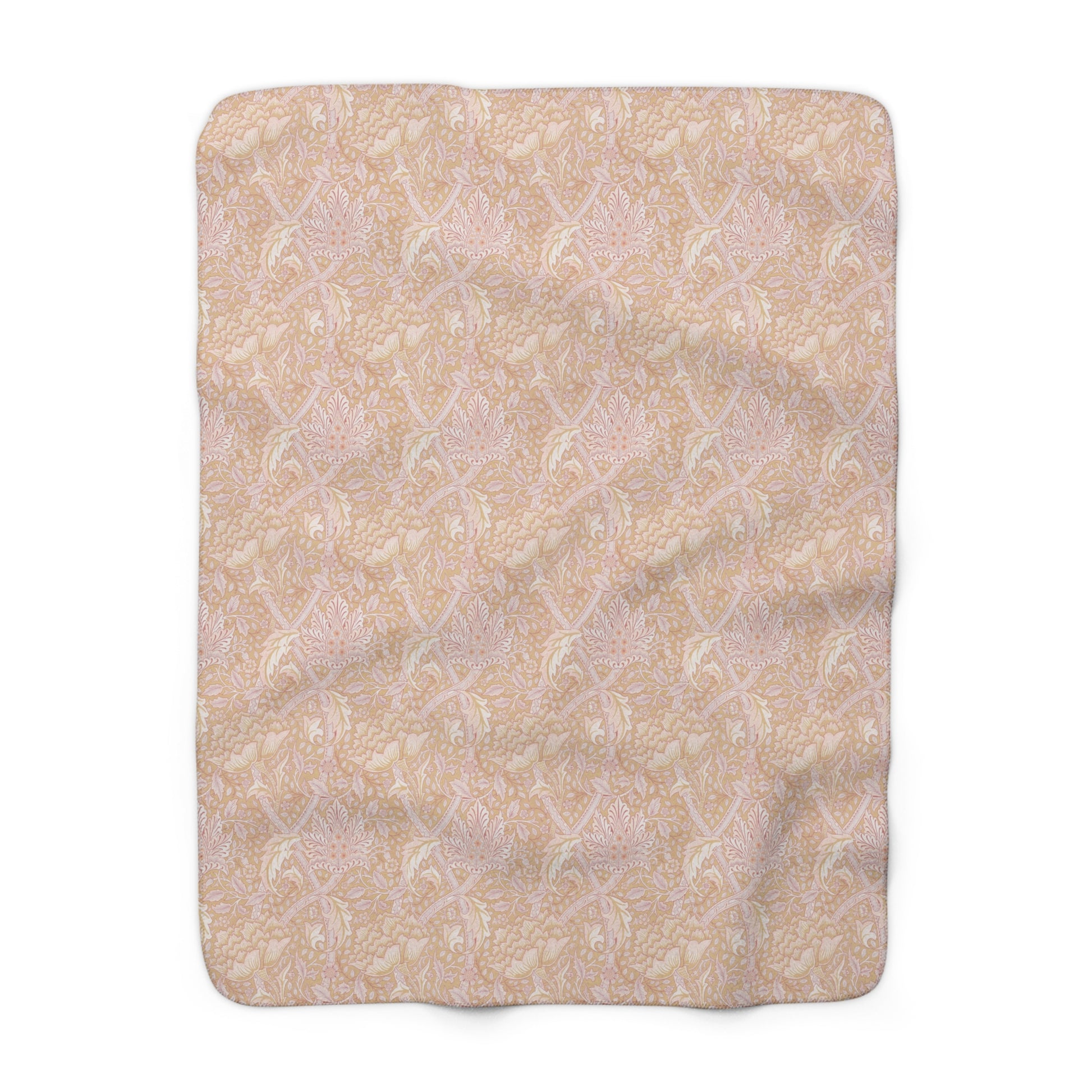 A beige and brown patterned Sherpa fleece blanket inspired by William Morris, from the Windrush Collection.
