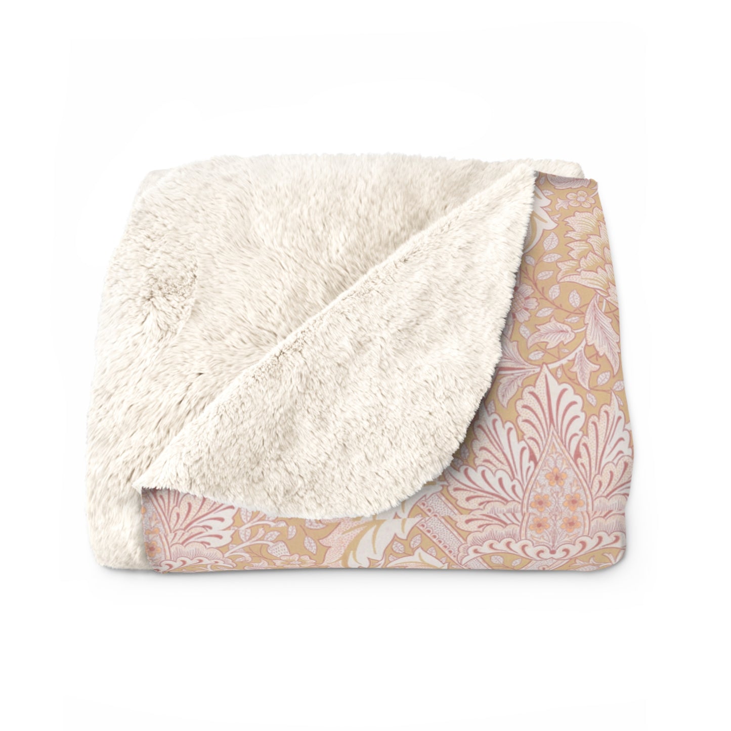 A beige and brown patterned Sherpa fleece blanket inspired by William Morris, from the Windrush Collection.