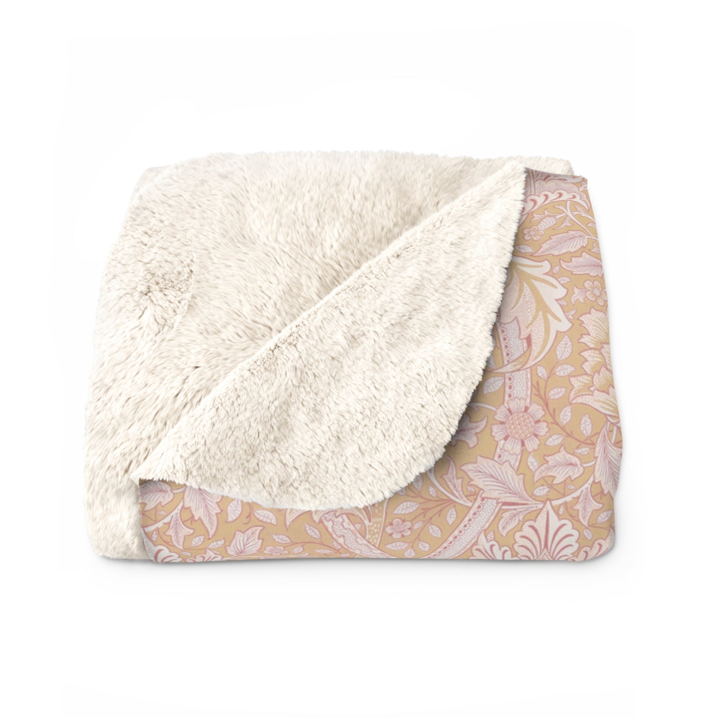 A beige and brown patterned Sherpa fleece blanket inspired by William Morris, from the Windrush Collection.