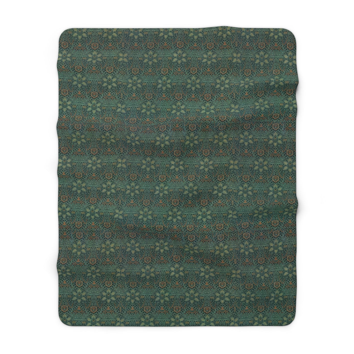 A Sherpa fleece blanket with a floral pattern in green and brown tones, underside showing plush cream sherpa fleece.