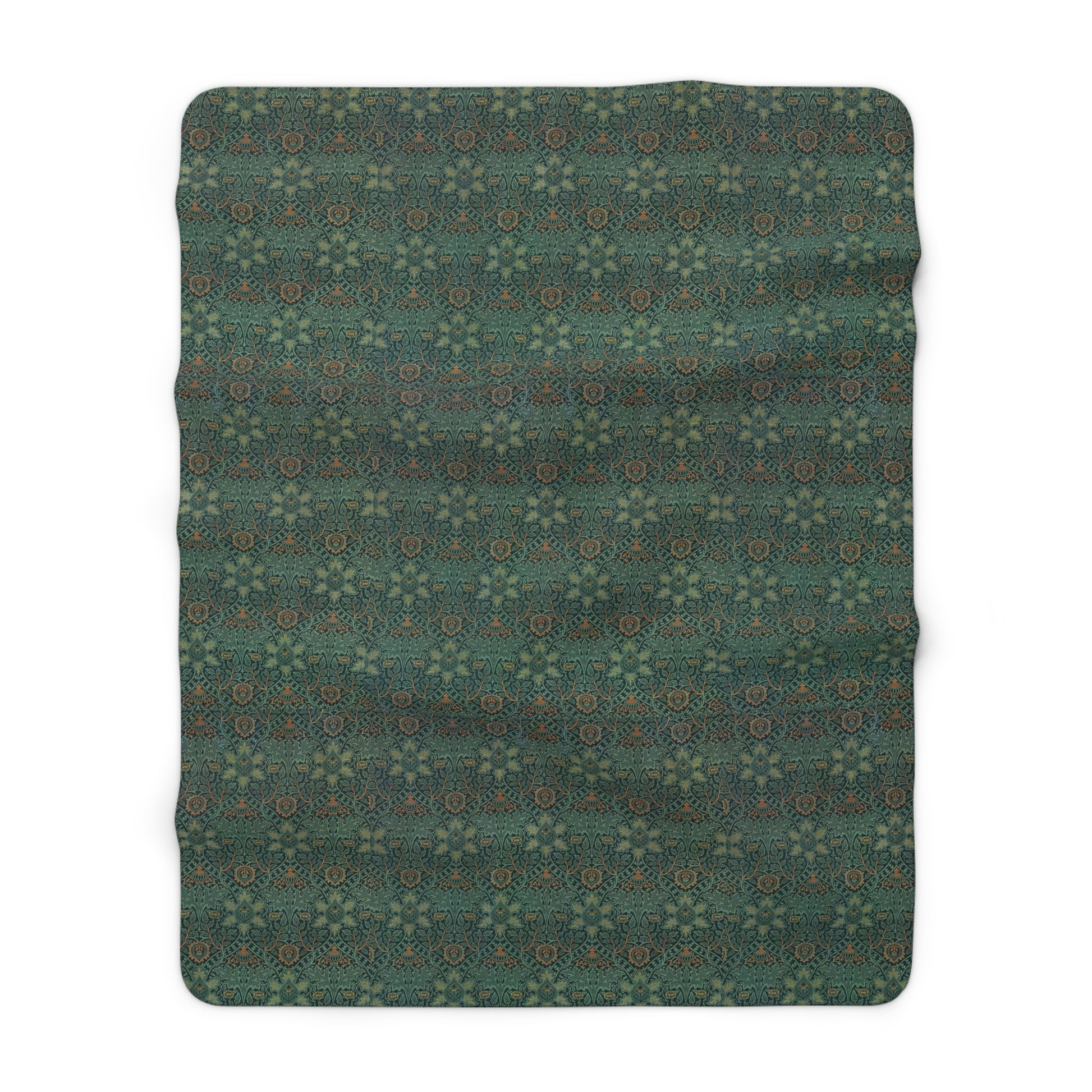 A Sherpa fleece blanket with a floral pattern in green and brown tones, underside showing plush cream sherpa fleece.
