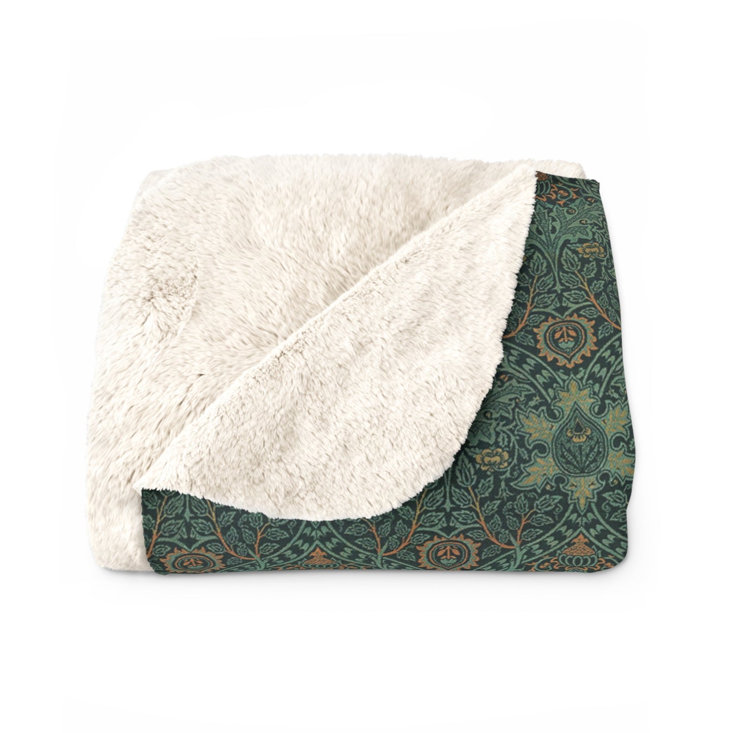 A Sherpa fleece blanket with a floral pattern in green and brown tones, underside showing plush cream sherpa fleece.