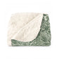 A green Sherpa fleece blanket with a floral pattern inspired by William Morris, displayed flat.