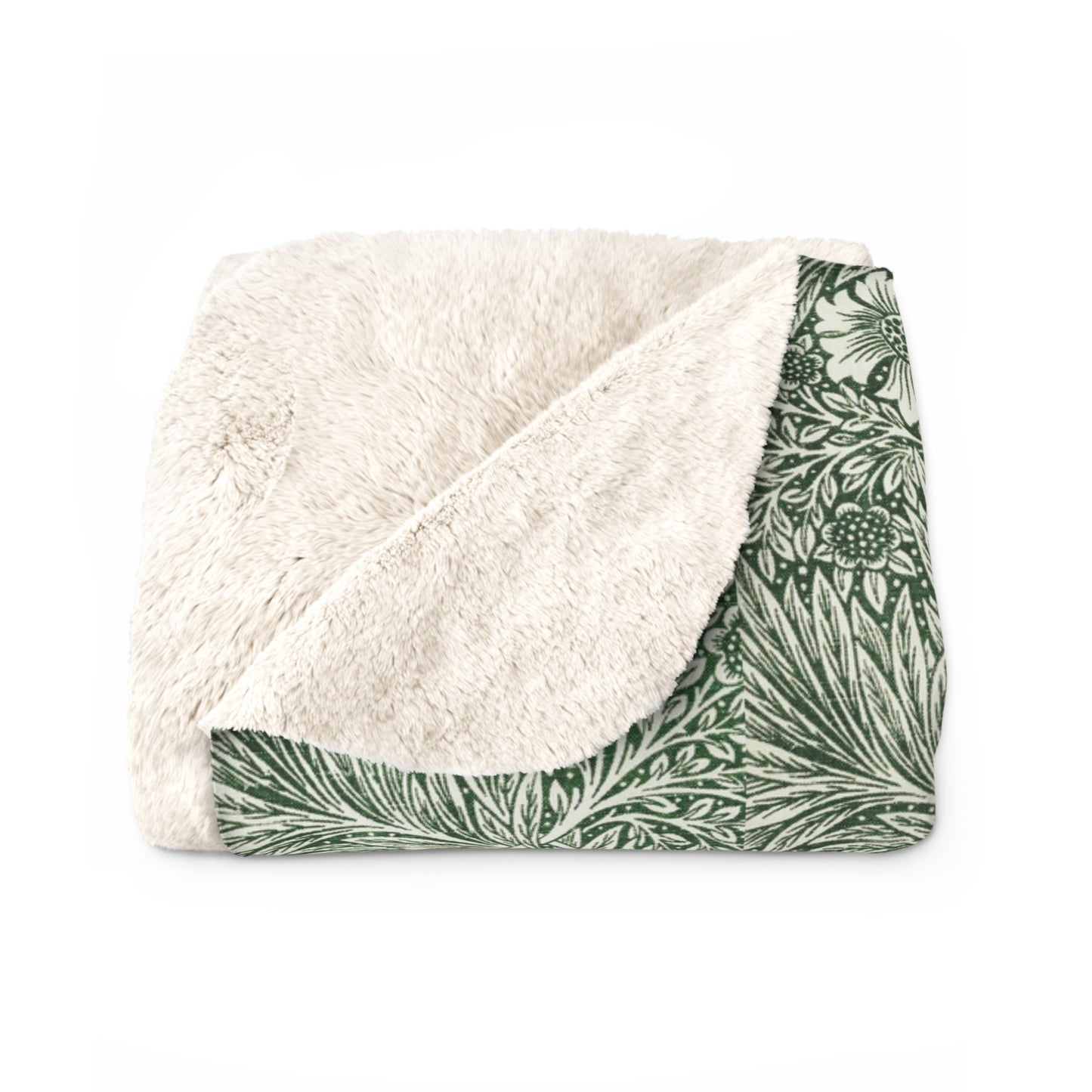 A green Sherpa fleece blanket with a floral pattern inspired by William Morris, displayed flat.