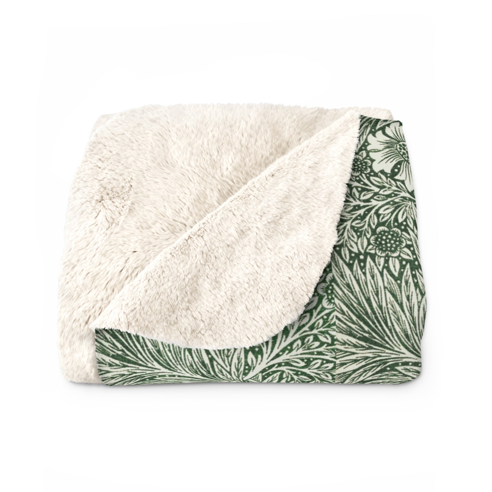A green Sherpa fleece blanket with a floral pattern inspired by William Morris, displayed flat.