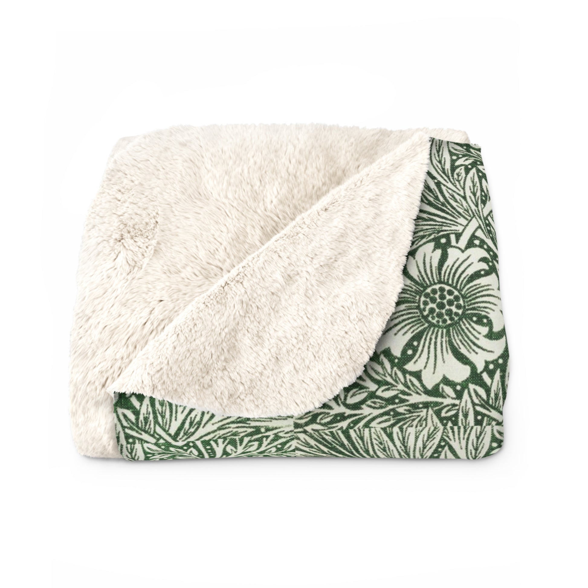 A green Sherpa fleece blanket with a floral pattern inspired by William Morris, displayed flat.