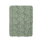 A green Sherpa fleece blanket with a floral pattern inspired by William Morris, displayed flat.