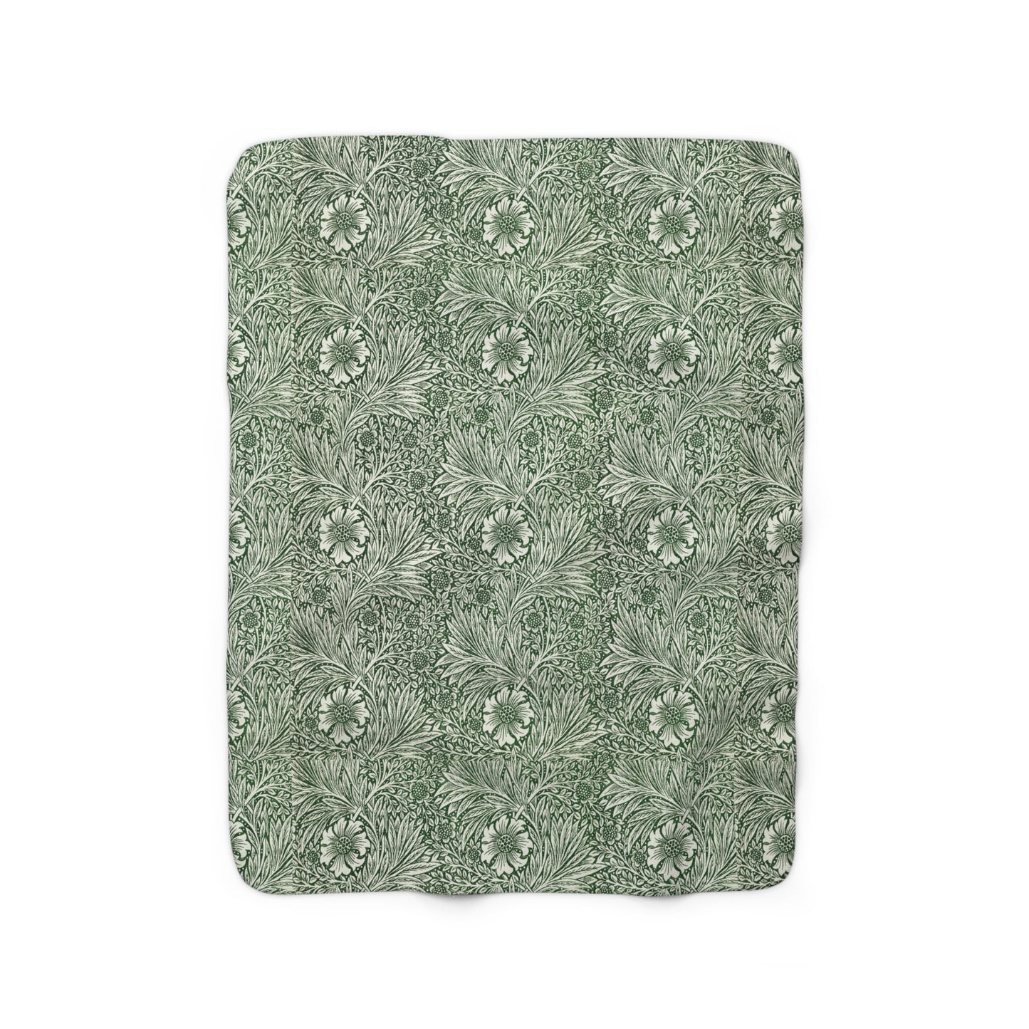 A green Sherpa fleece blanket with a floral pattern inspired by William Morris, displayed flat.