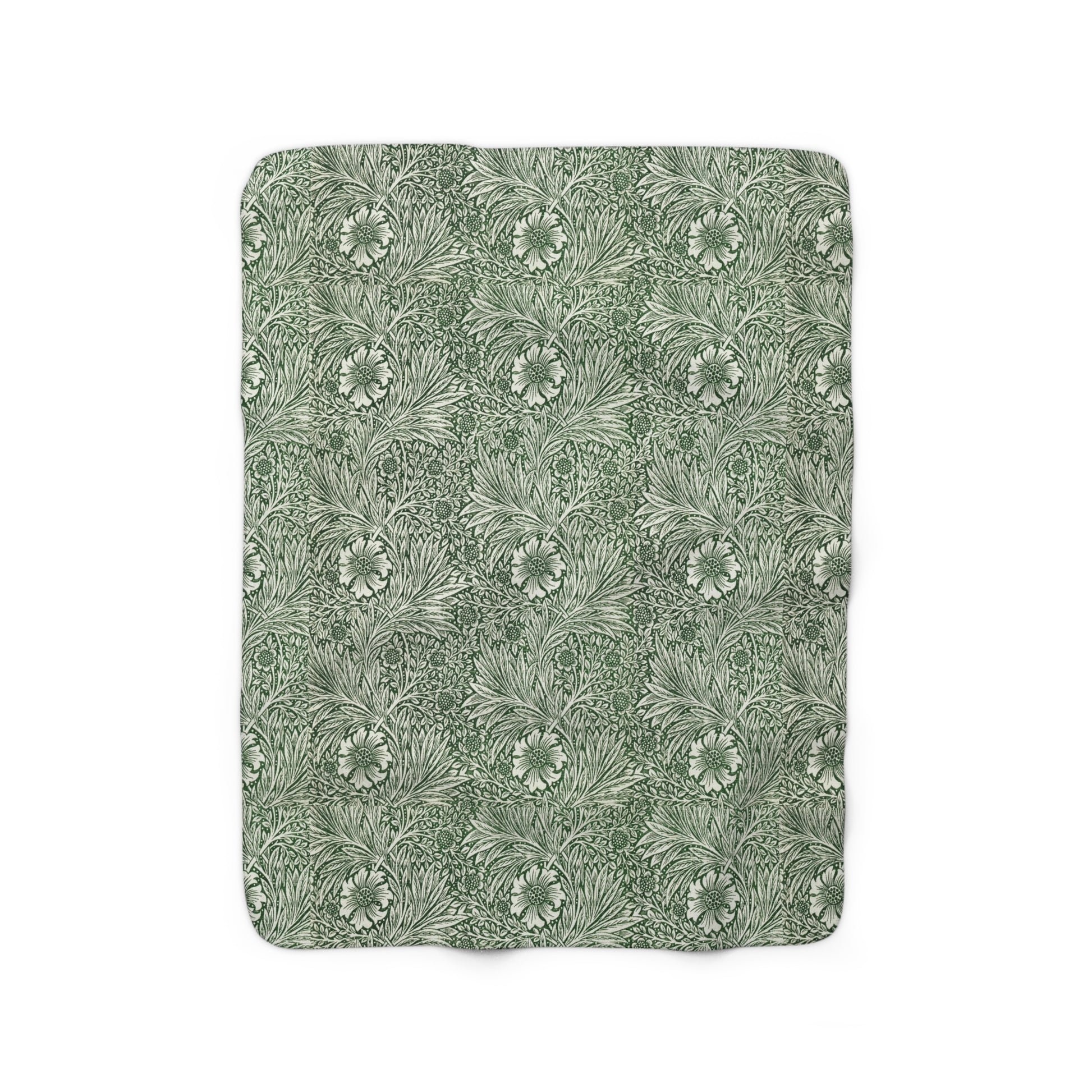 A green Sherpa fleece blanket with a floral pattern inspired by William Morris, displayed flat.