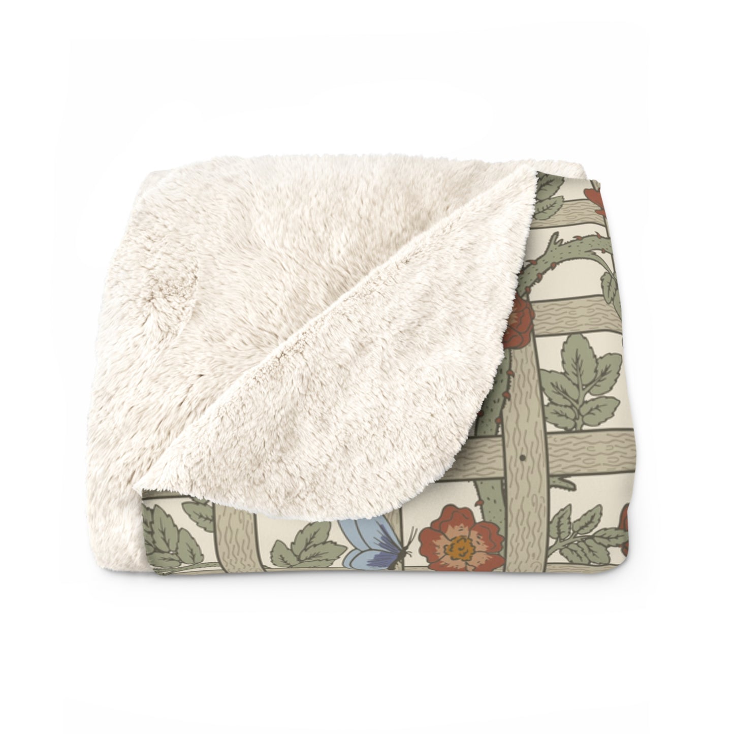 A Sherpa fleece blanket with a floral pattern in beige, green, blue, and red colours on a white background.