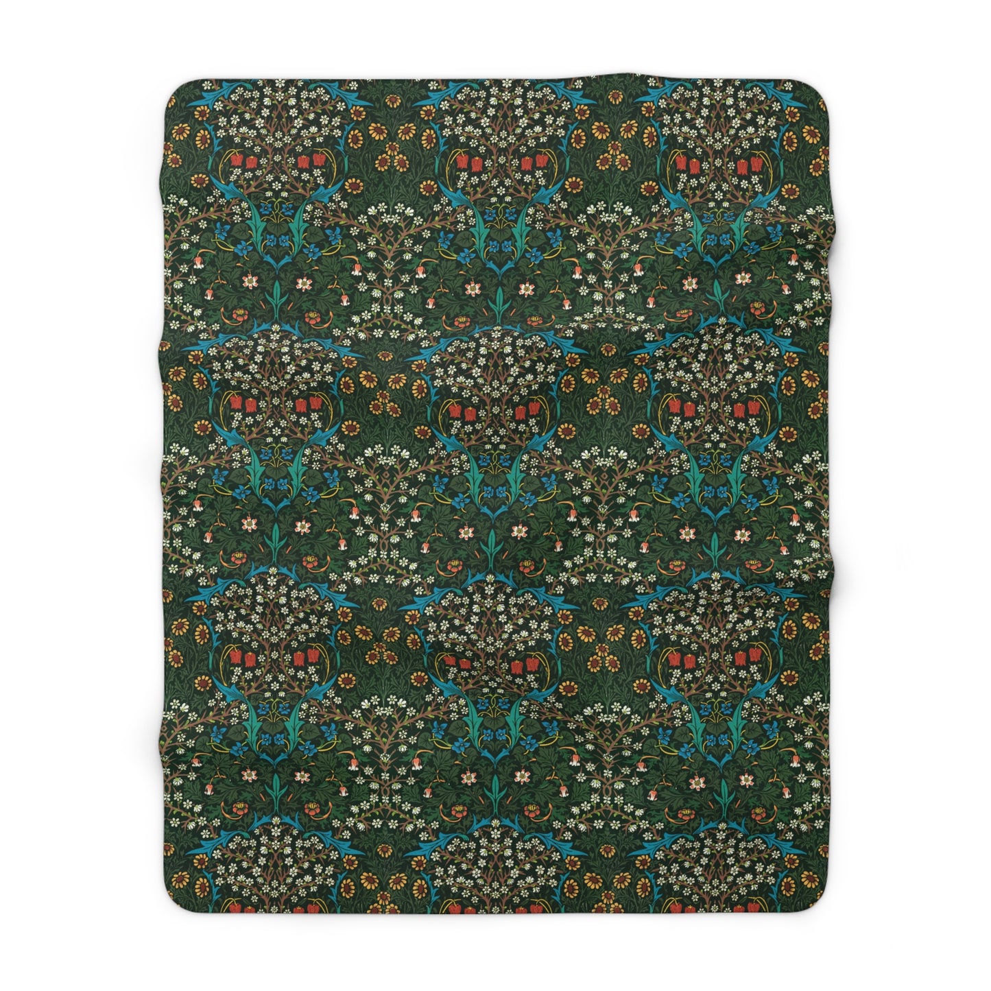 Sherpa Fleece Blanket inspired by William Morris & Co in a dark green floral pattern called Tulip Collection