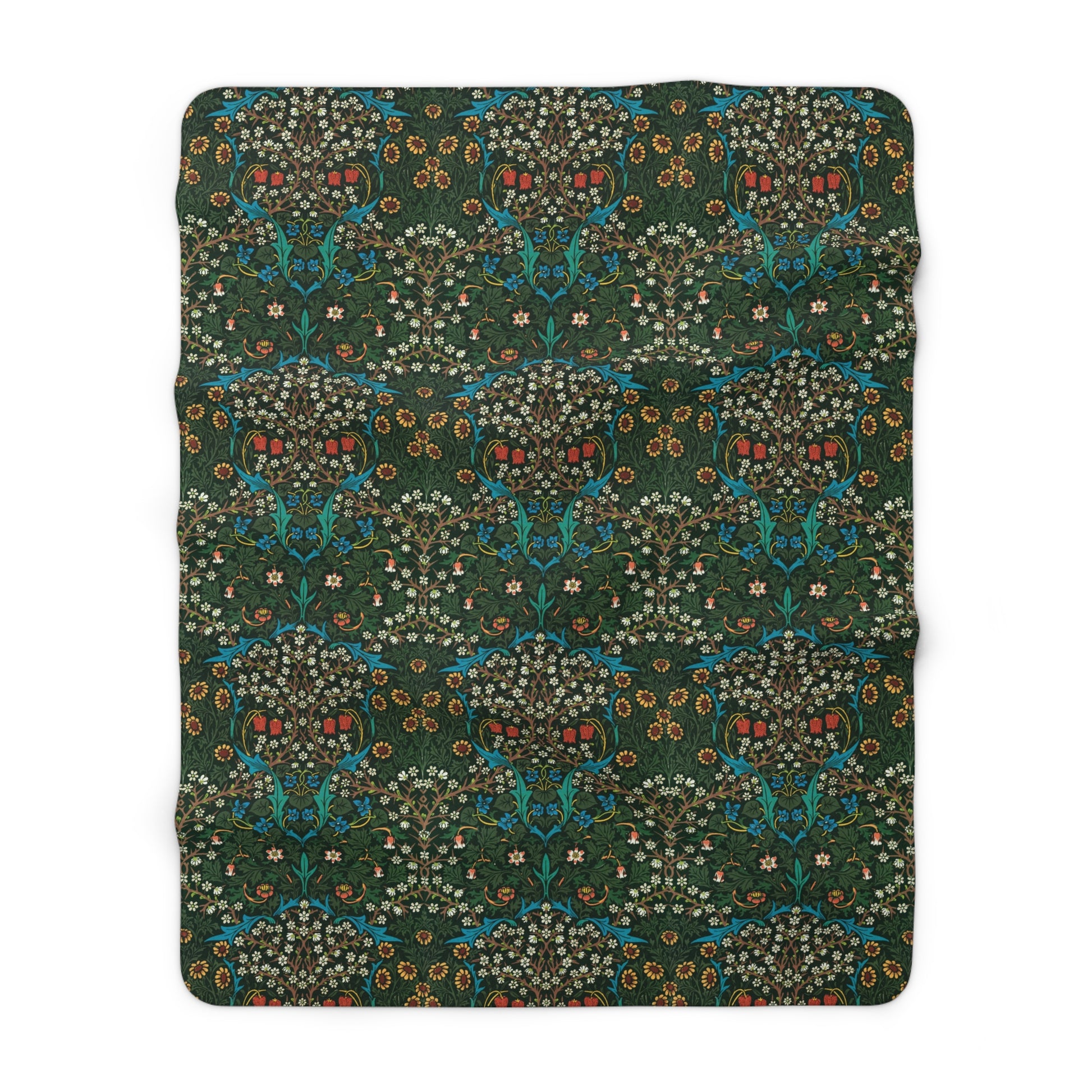 Sherpa Fleece Blanket inspired by William Morris & Co in a dark green floral pattern called Tulip Collection