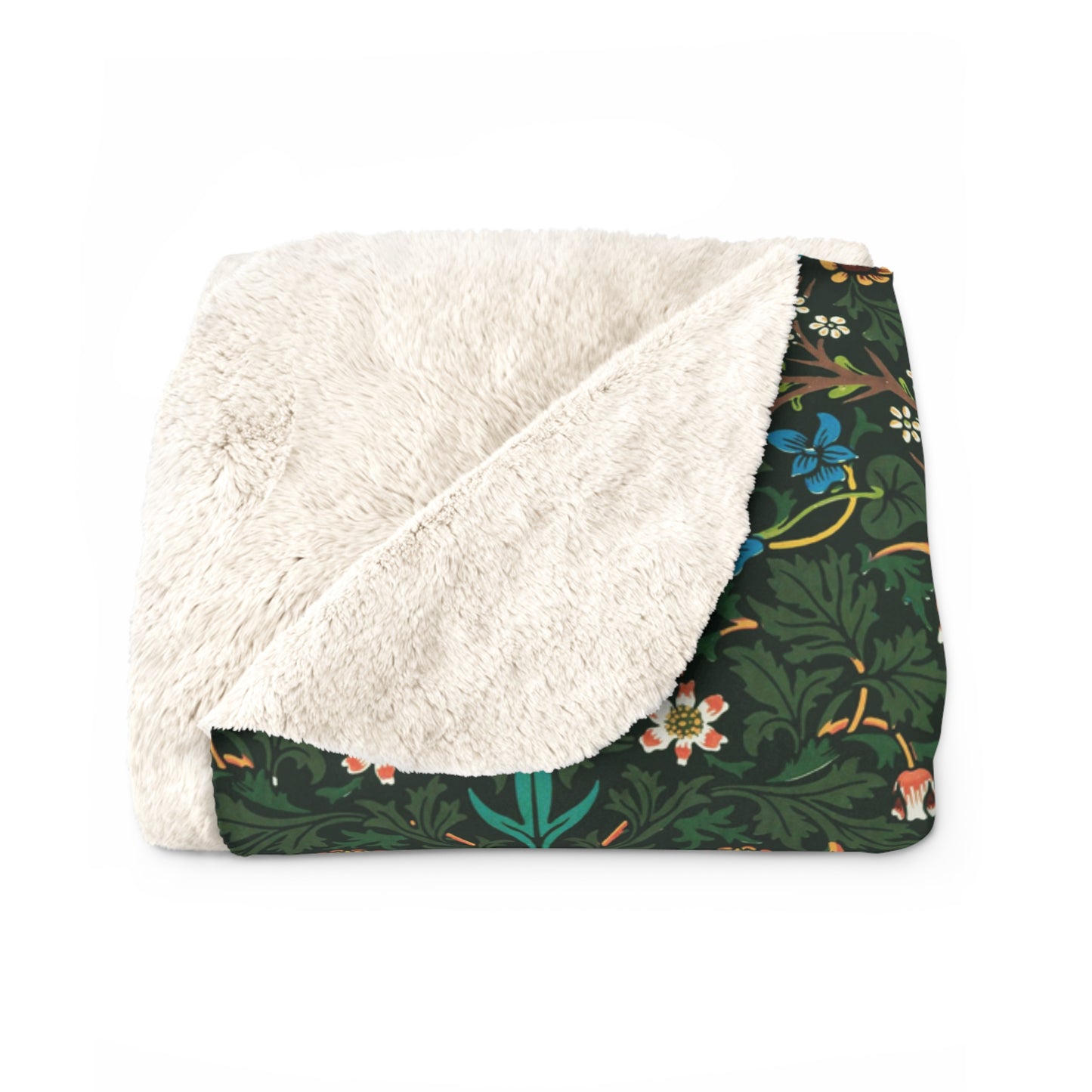 Sherpa Fleece Blanket inspired by William Morris & Co in a dark green floral pattern called Tulip Collection
