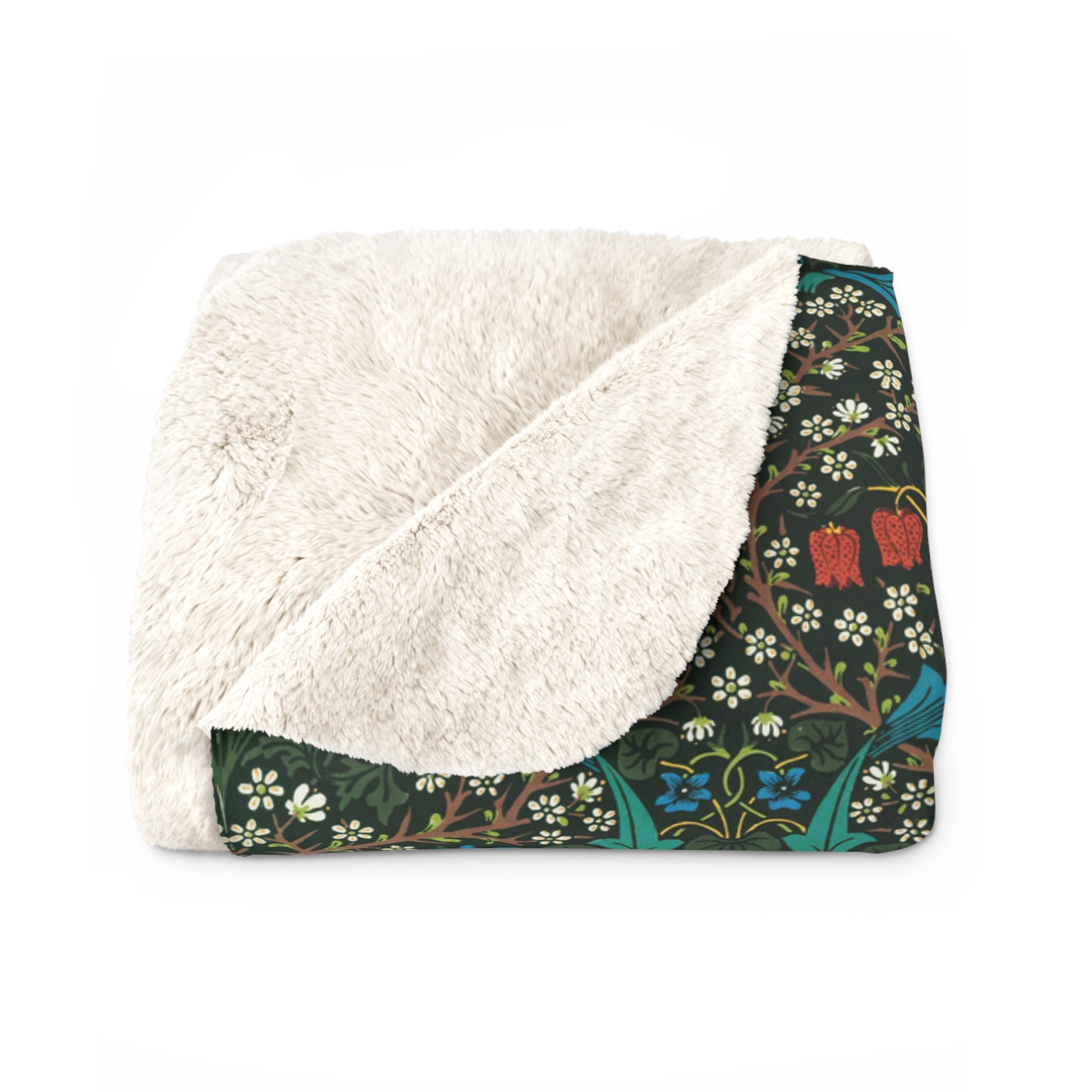 Sherpa Fleece Blanket inspired by William Morris & Co in a dark green floral pattern called Tulip Collection
