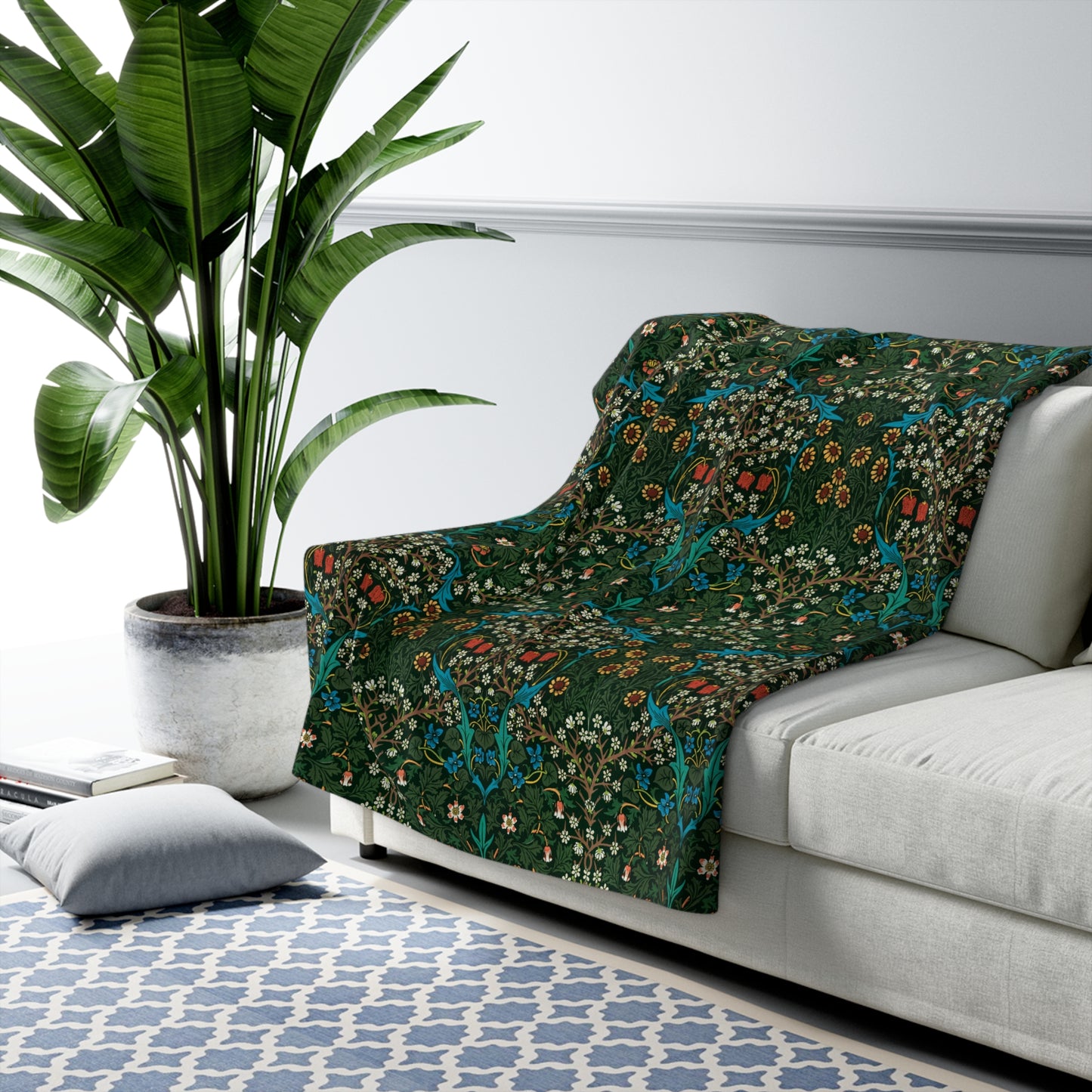 Sherpa Fleece Blanket inspired by William Morris & Co in a dark green floral pattern called Tulip Collection