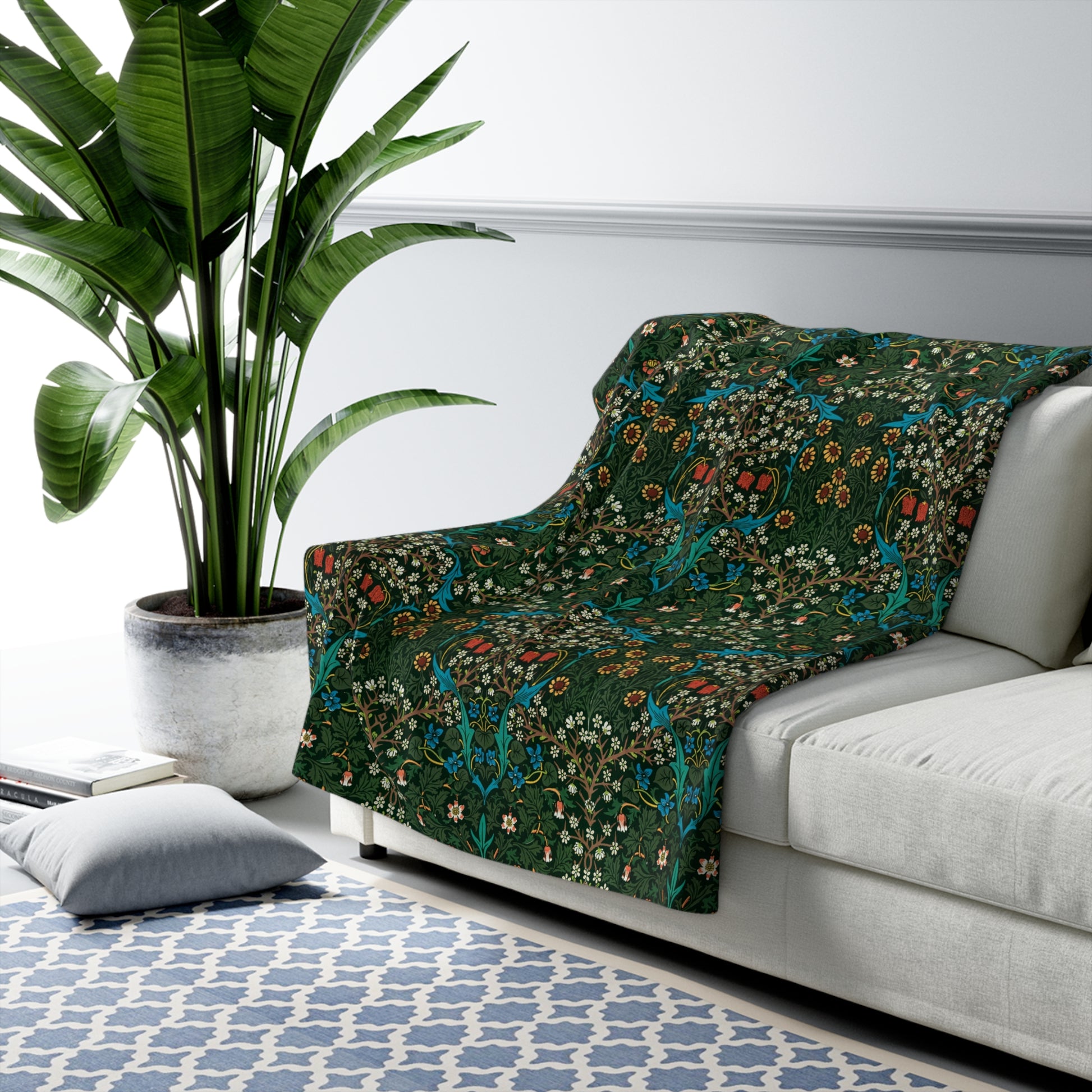 Sherpa Fleece Blanket inspired by William Morris & Co in a dark green floral pattern called Tulip Collection
