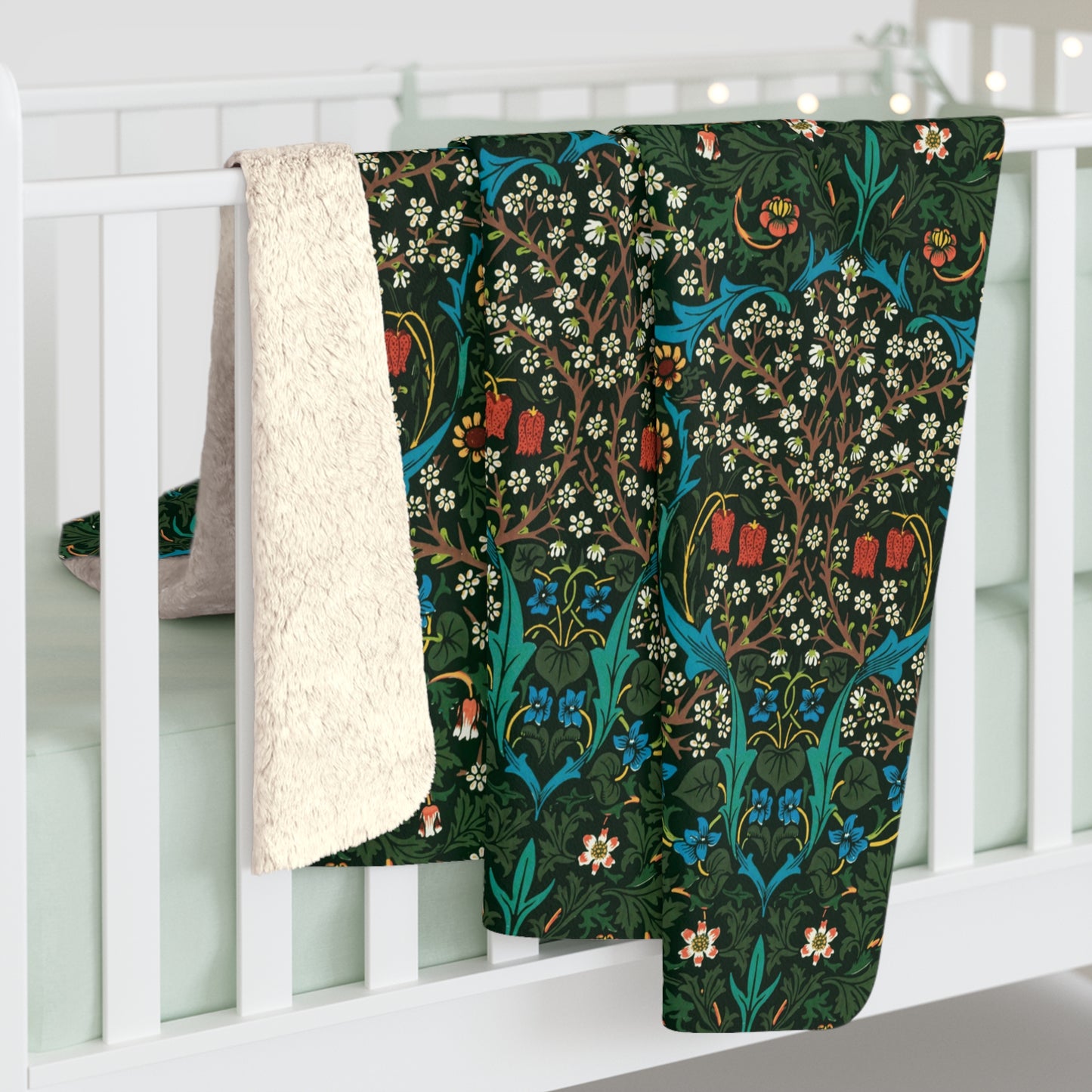 Sherpa Fleece Blanket inspired by William Morris & Co in a dark green floral pattern called Tulip Collection
