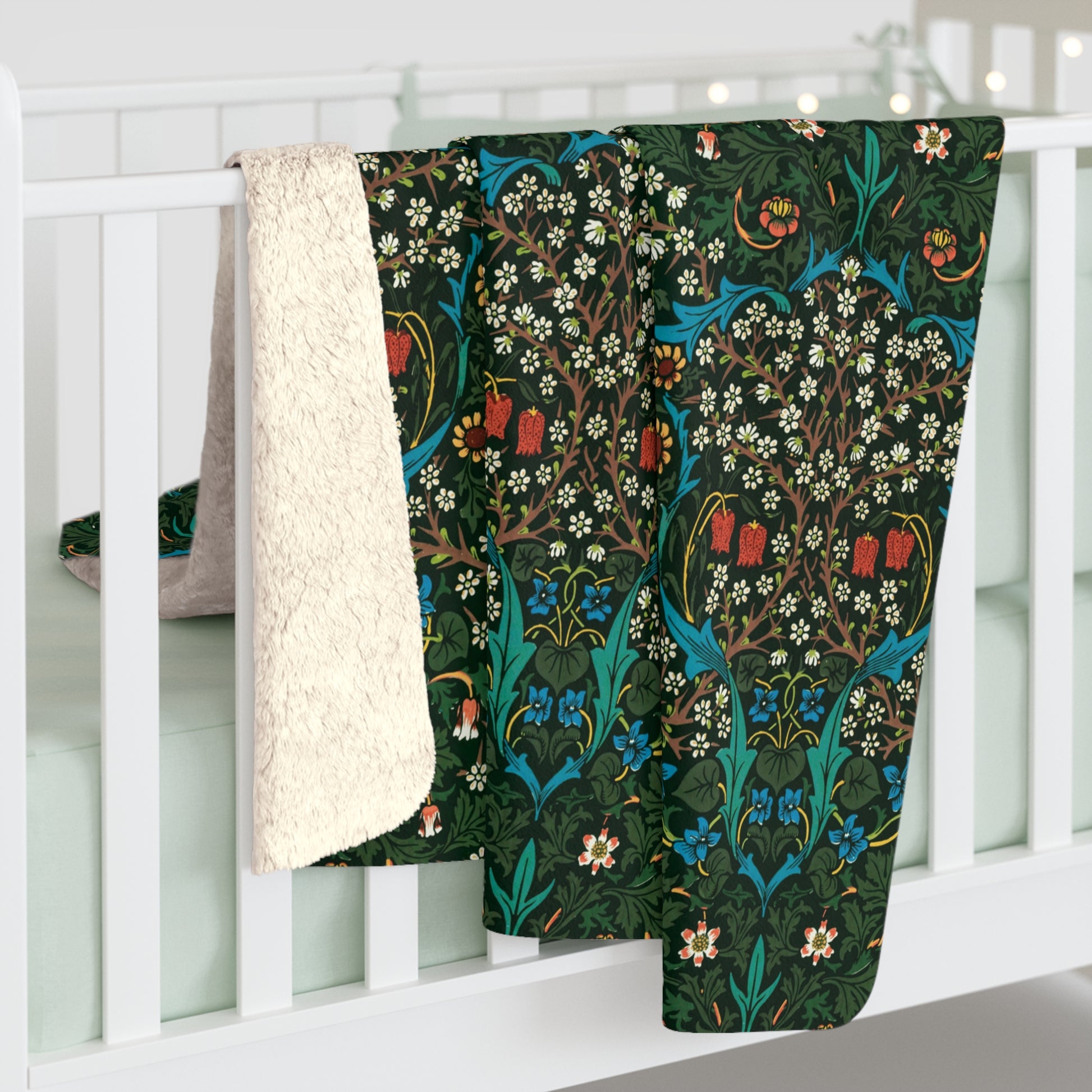 Sherpa Fleece Blanket inspired by William Morris & Co in a dark green floral pattern called Tulip Collection