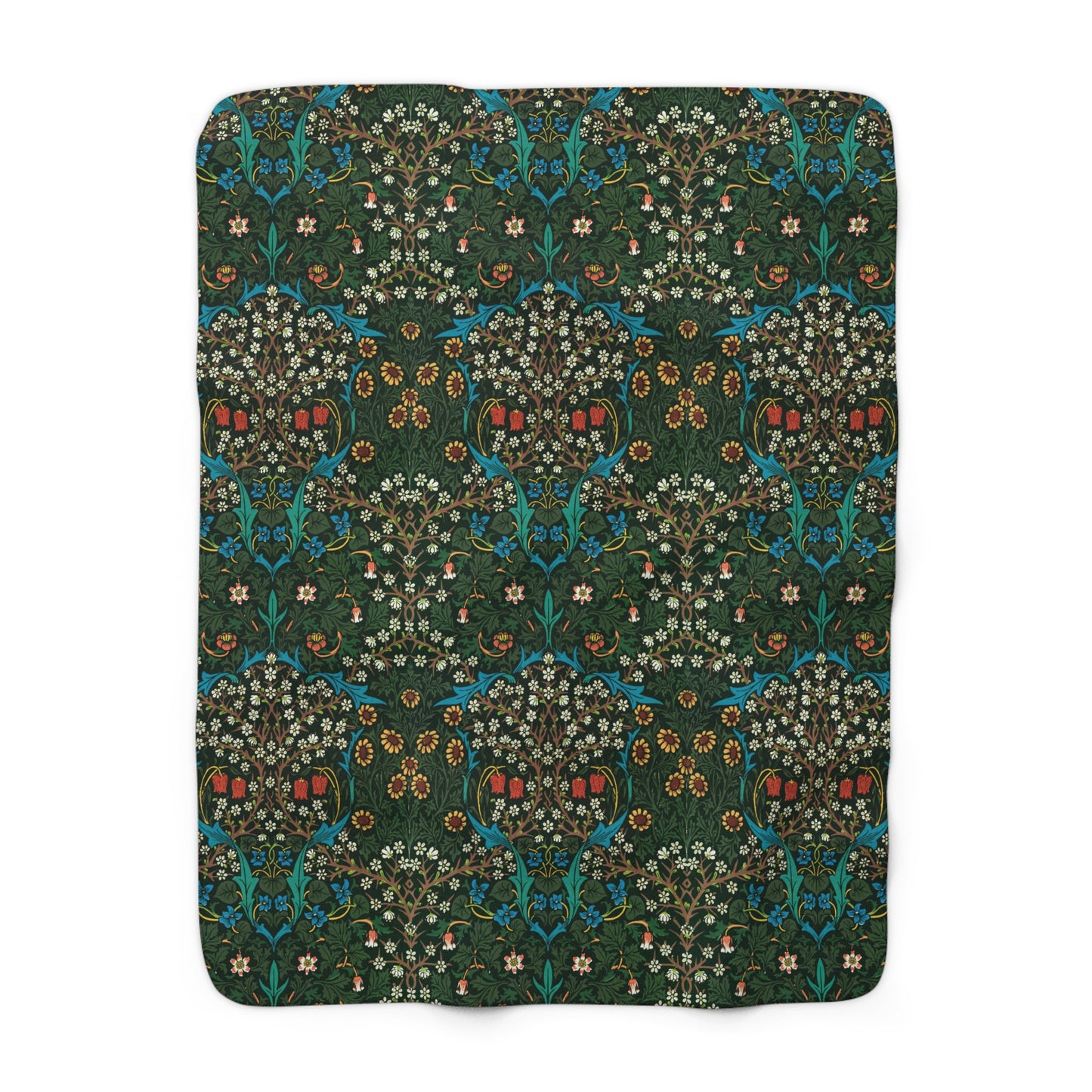 Sherpa Fleece Blanket inspired by William Morris & Co in a dark green floral pattern called Tulip Collection