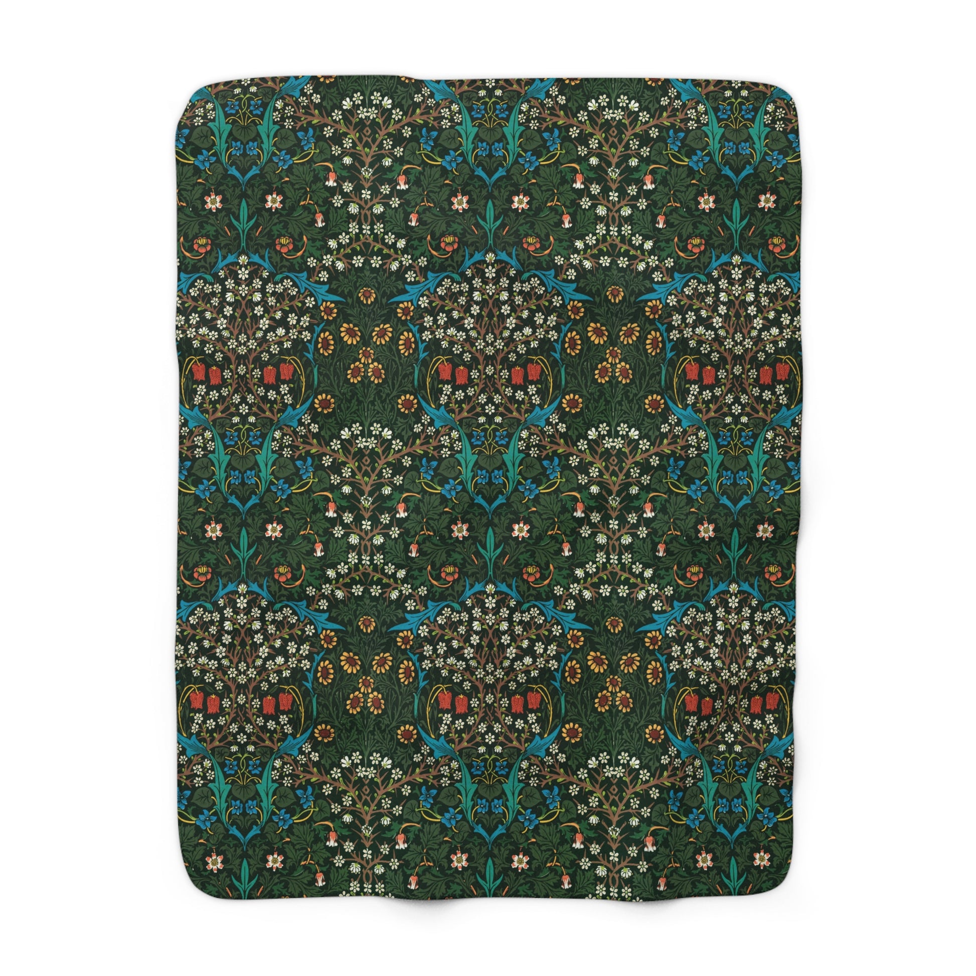 Sherpa Fleece Blanket inspired by William Morris & Co in a dark green floral pattern called Tulip Collection