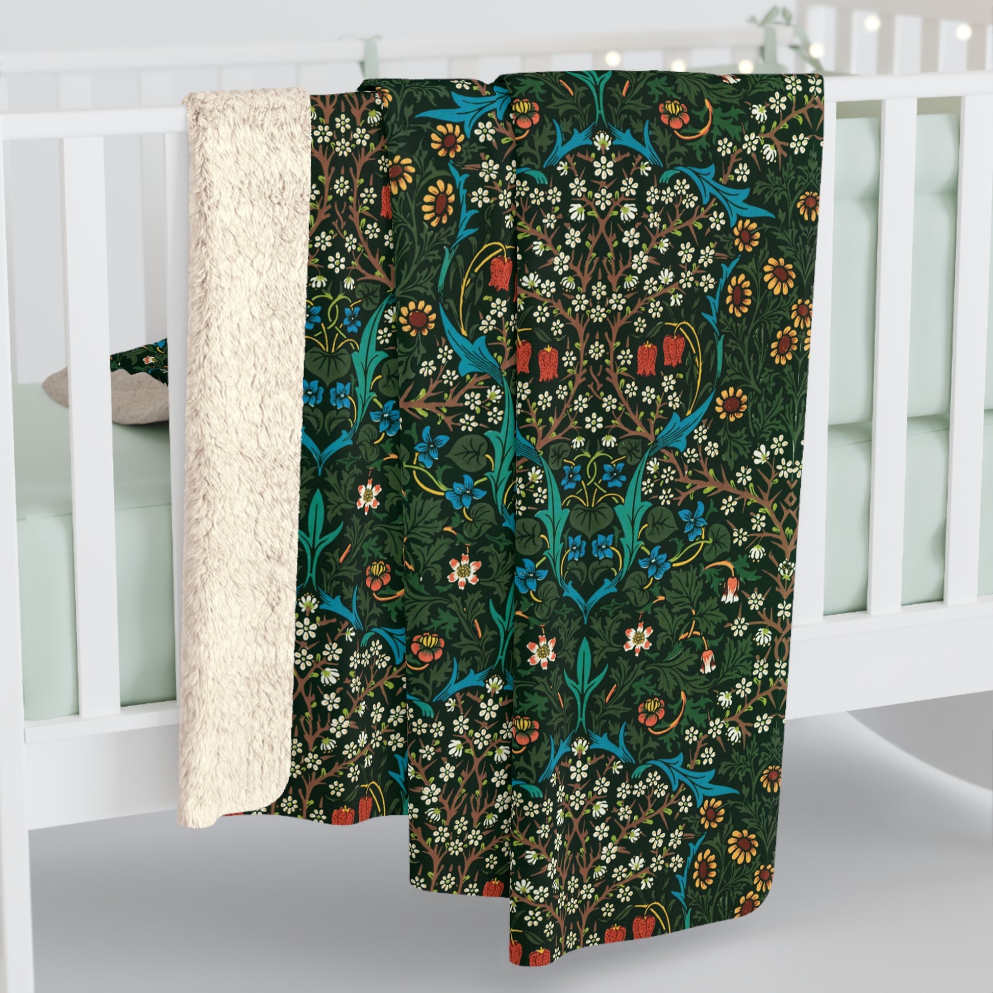 Sherpa Fleece Blanket inspired by William Morris & Co in a dark green floral pattern called Tulip Collection