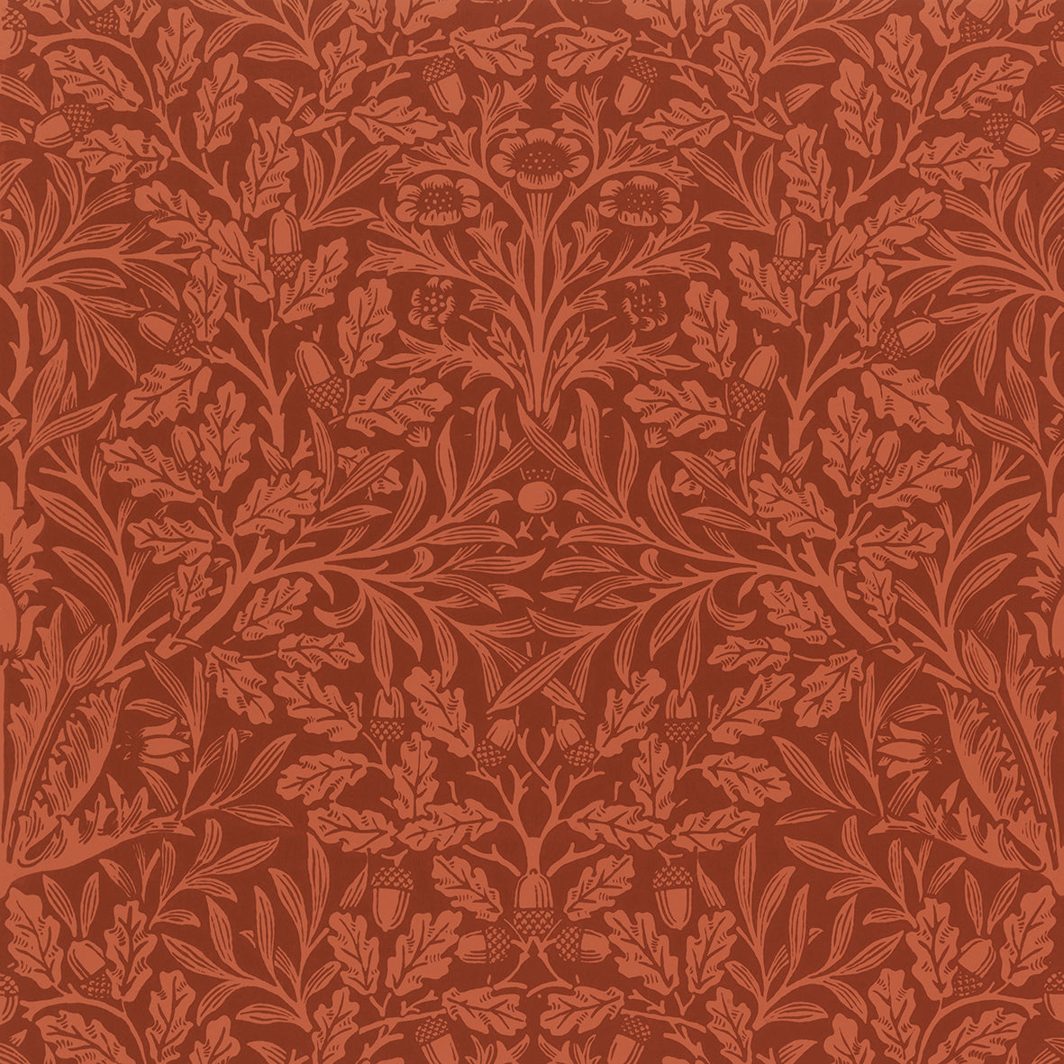 A rectangular Sherpa fleece blanket with a rust-coloured floral pattern inspired by William Morris & Co - Acorns and Oak Trees Collection.