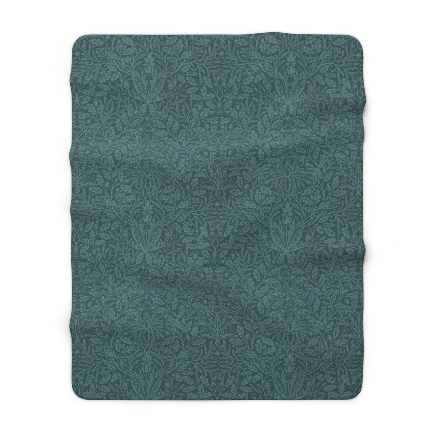 A rectangular Sherpa fleece blanket with a teal colour and a floral pattern inspired by William Morris - Acorns and Oak Trees Collection.