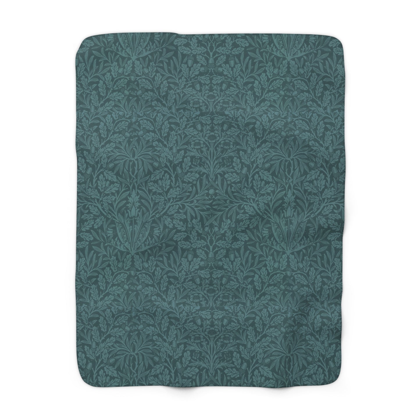 A rectangular Sherpa fleece blanket with a teal colour and a floral pattern inspired by William Morris - Acorns and Oak Trees Collection.