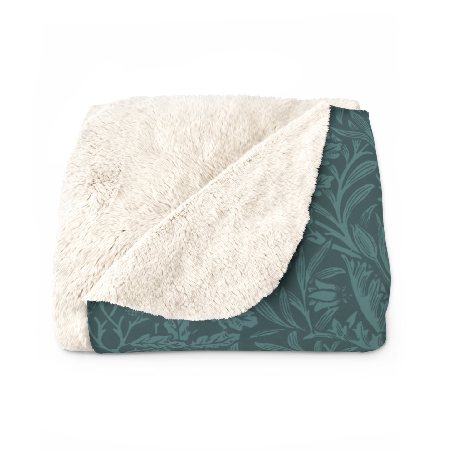 A rectangular Sherpa fleece blanket with a teal colour and a floral pattern inspired by William Morris - Acorns and Oak Trees Collection.